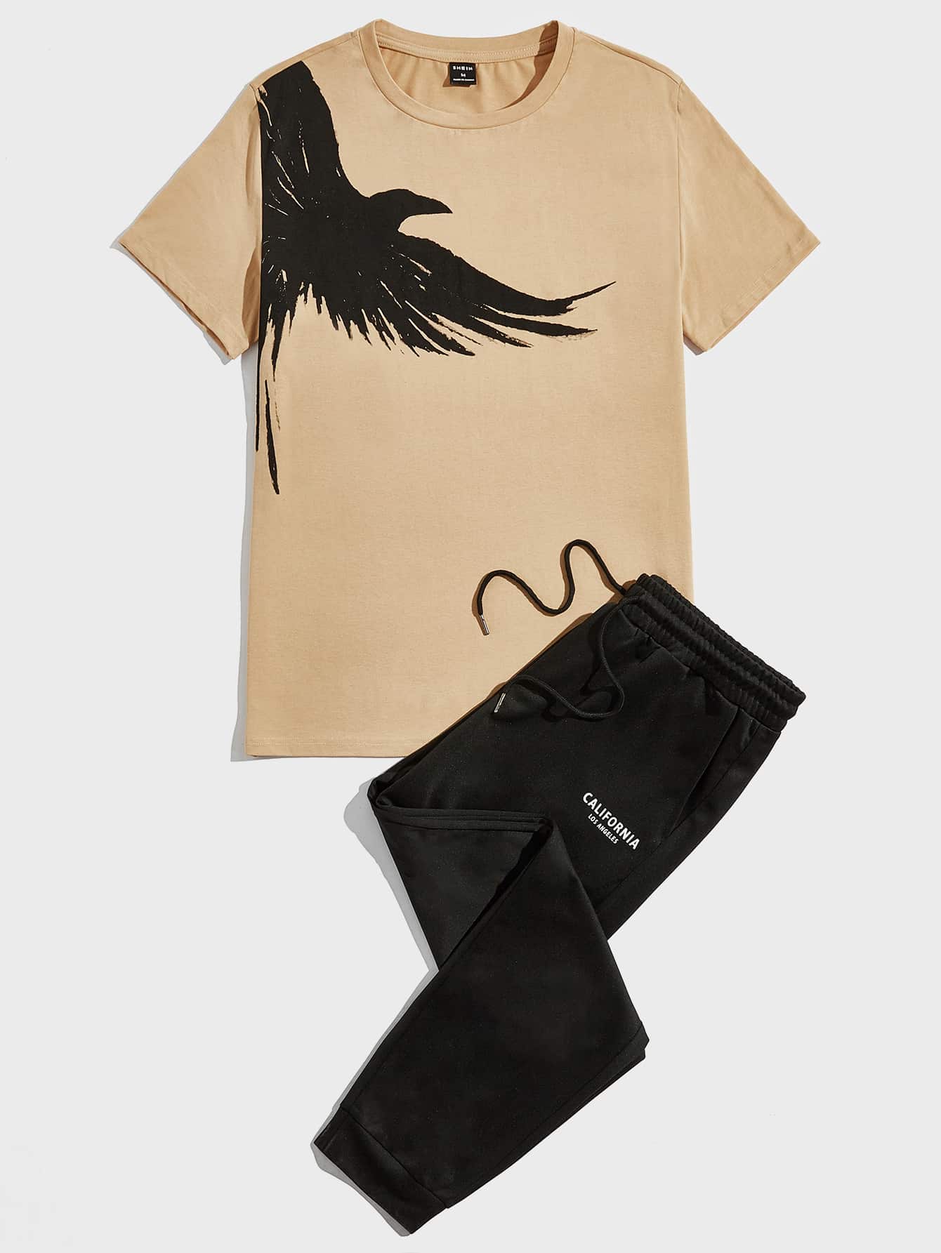 Men Cotton Eagle Print Tee & Letter Graphic Drawstring Waist Pants