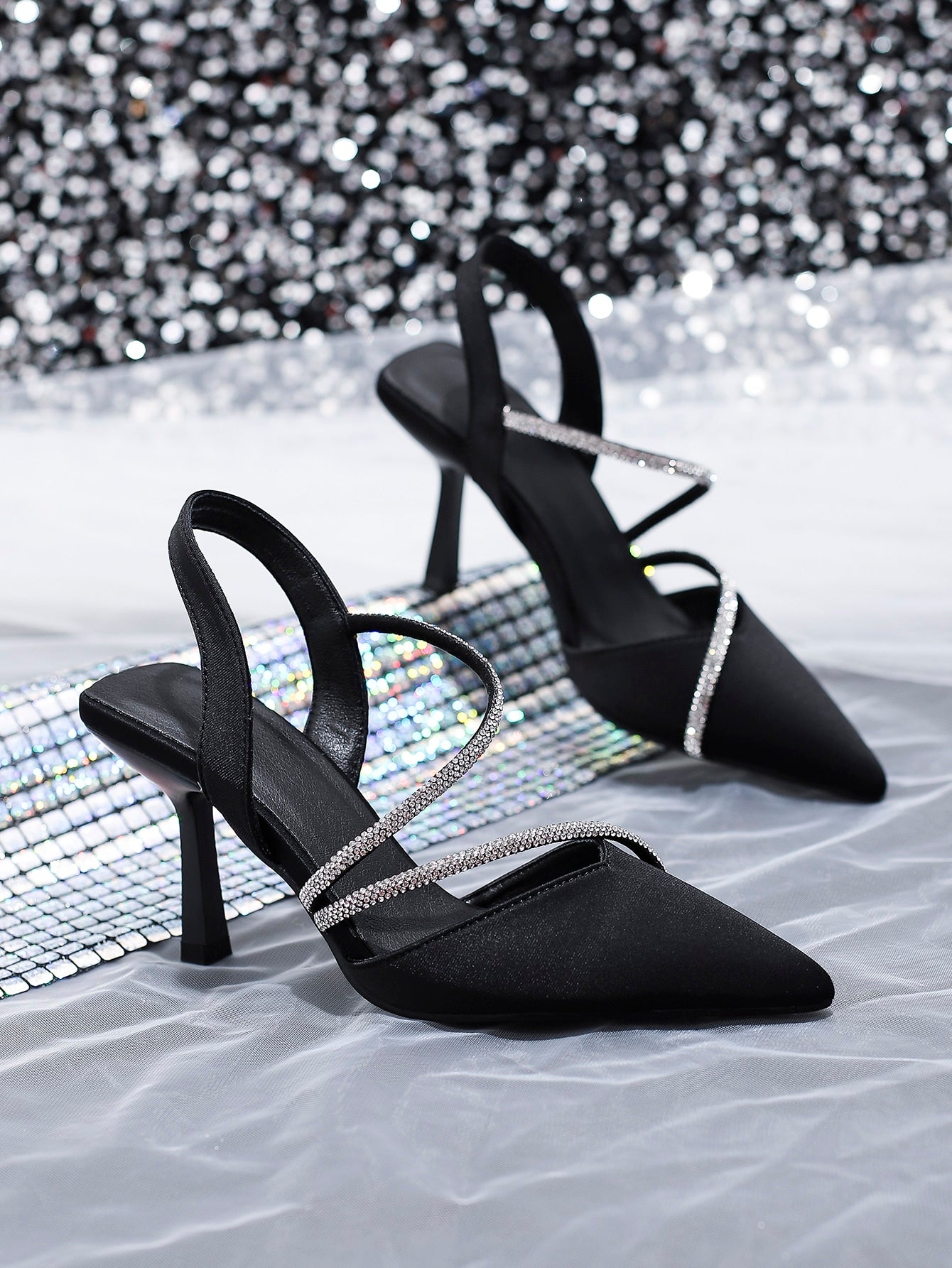 Women Rhinestone Decor Point Toe Pyramid Heeled Pumps, Fashion Blue Elastane Slingback Pumps