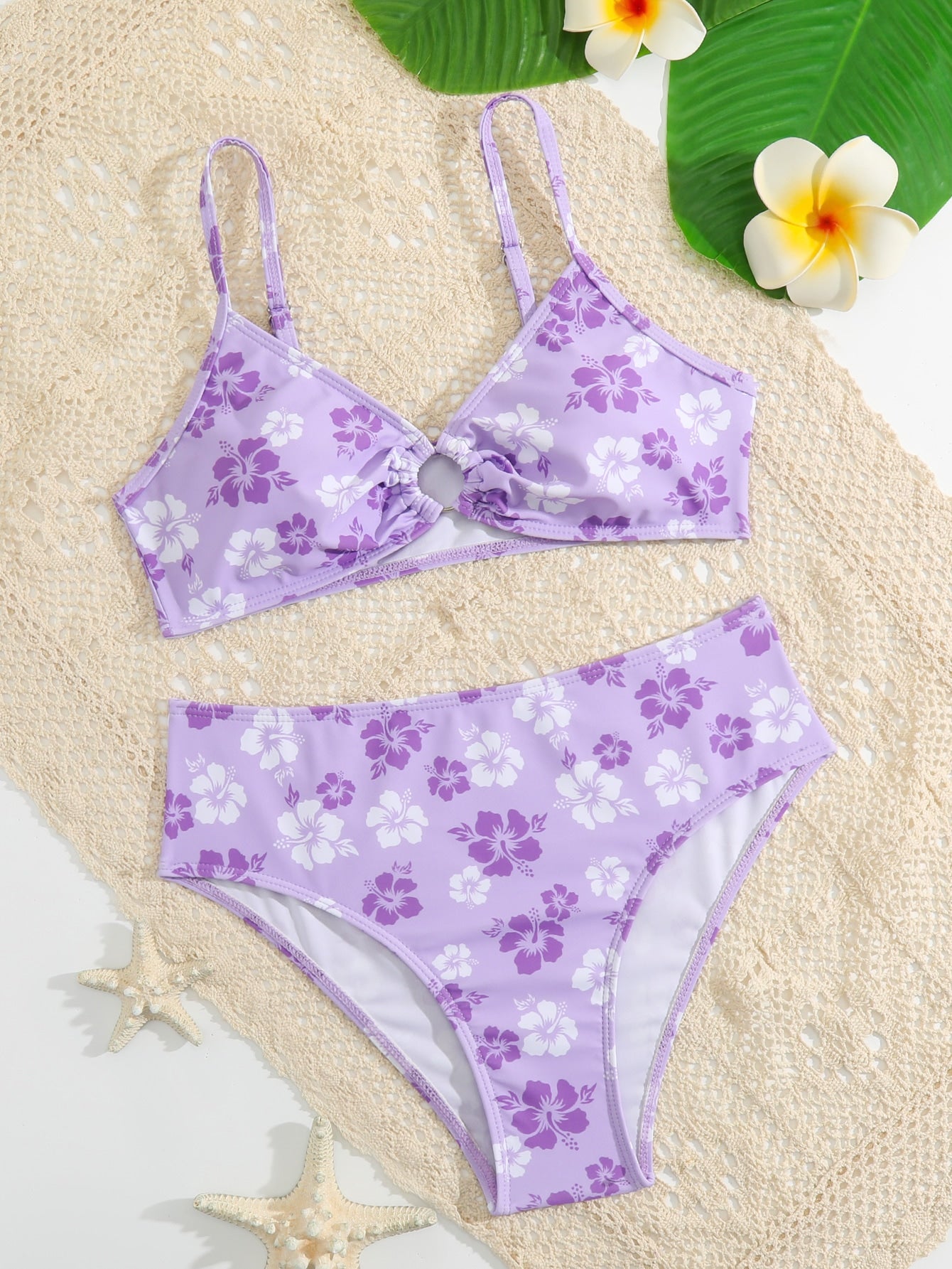 Teen Girls Floral Print Ring Linked Bikini Swimsuit