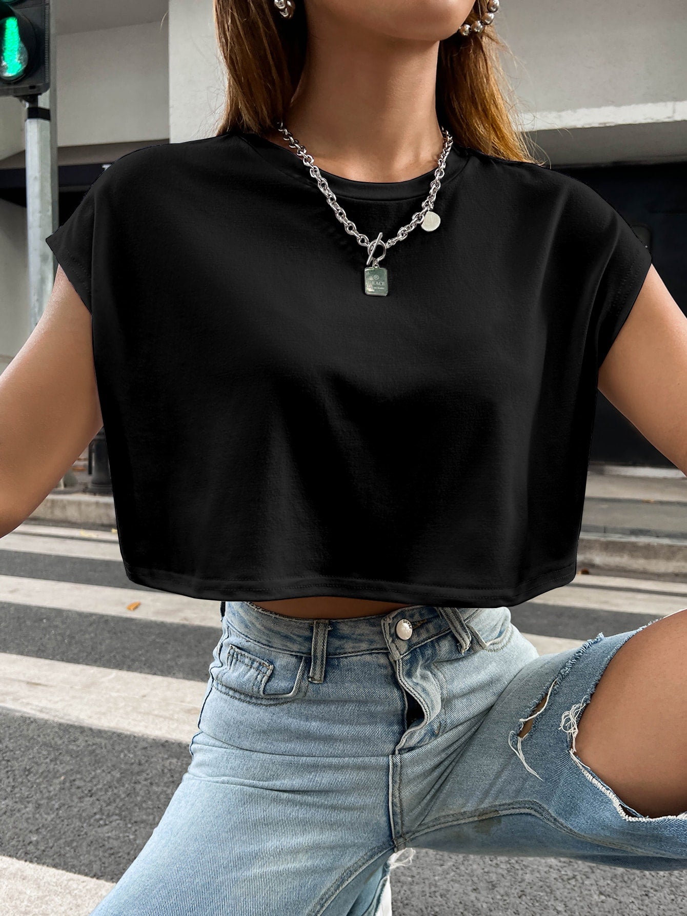 Solid Batwing Sleeve Crop Tee