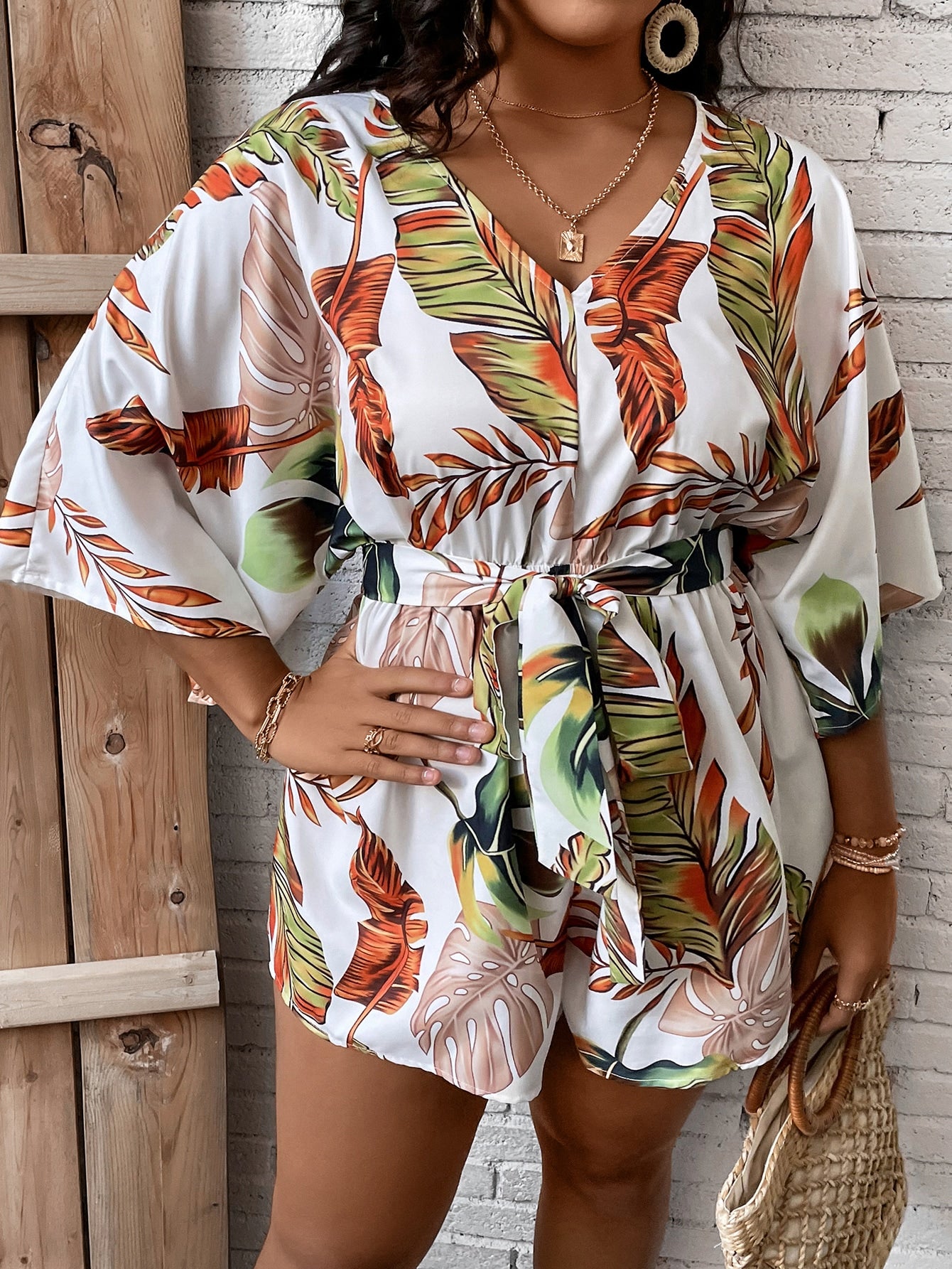 Plus Tropical Print Batwing Sleeve Belted Romper