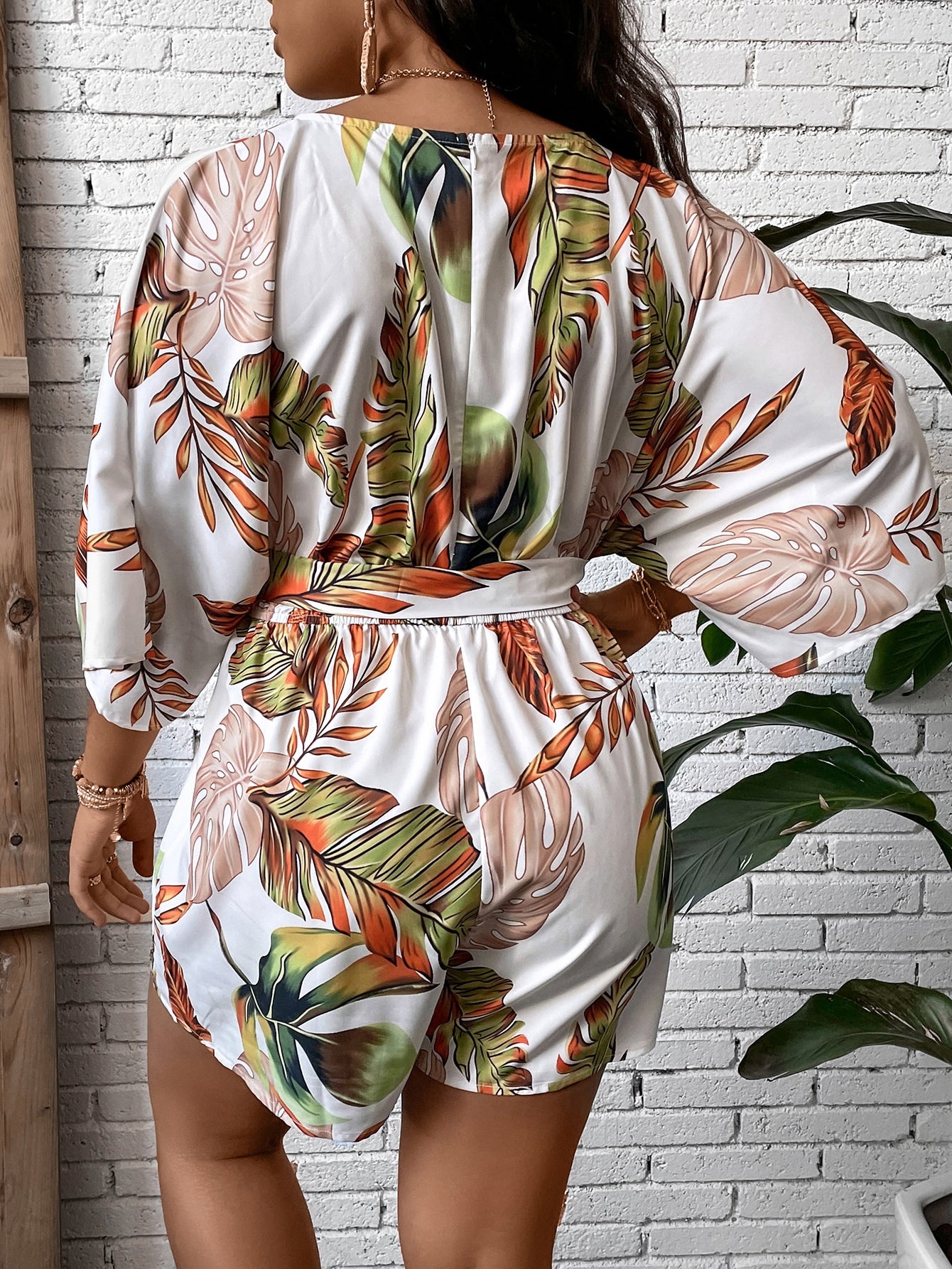 Plus Tropical Print Batwing Sleeve Belted Romper