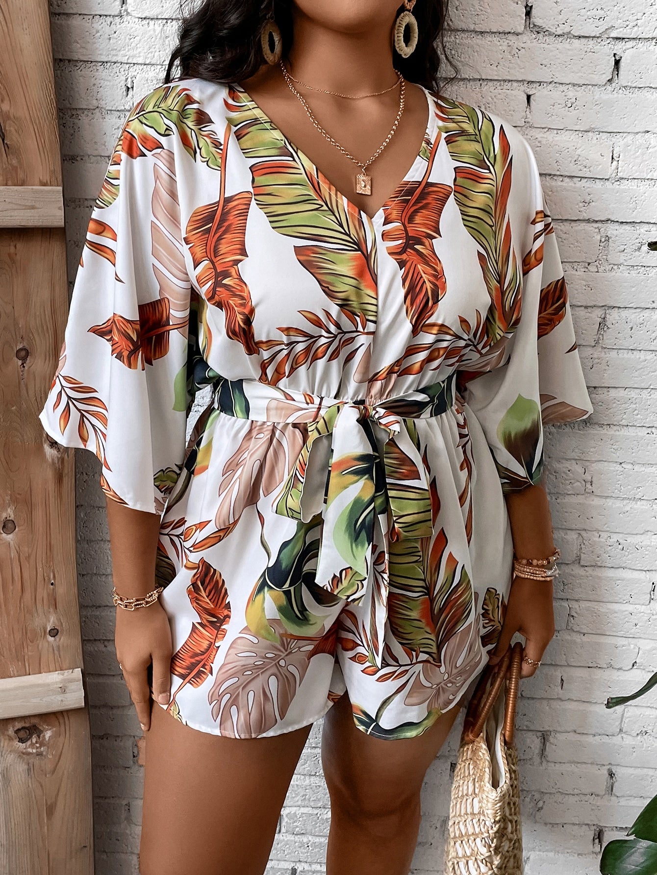 Plus Tropical Print Batwing Sleeve Belted Romper