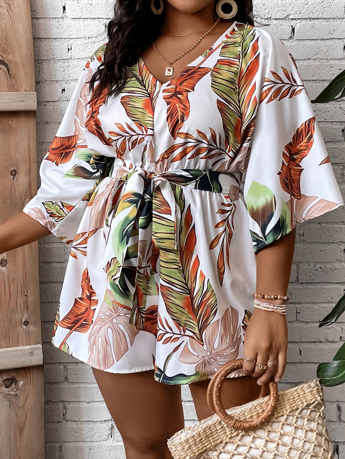 Plus Tropical Print Batwing Sleeve Belted Romper