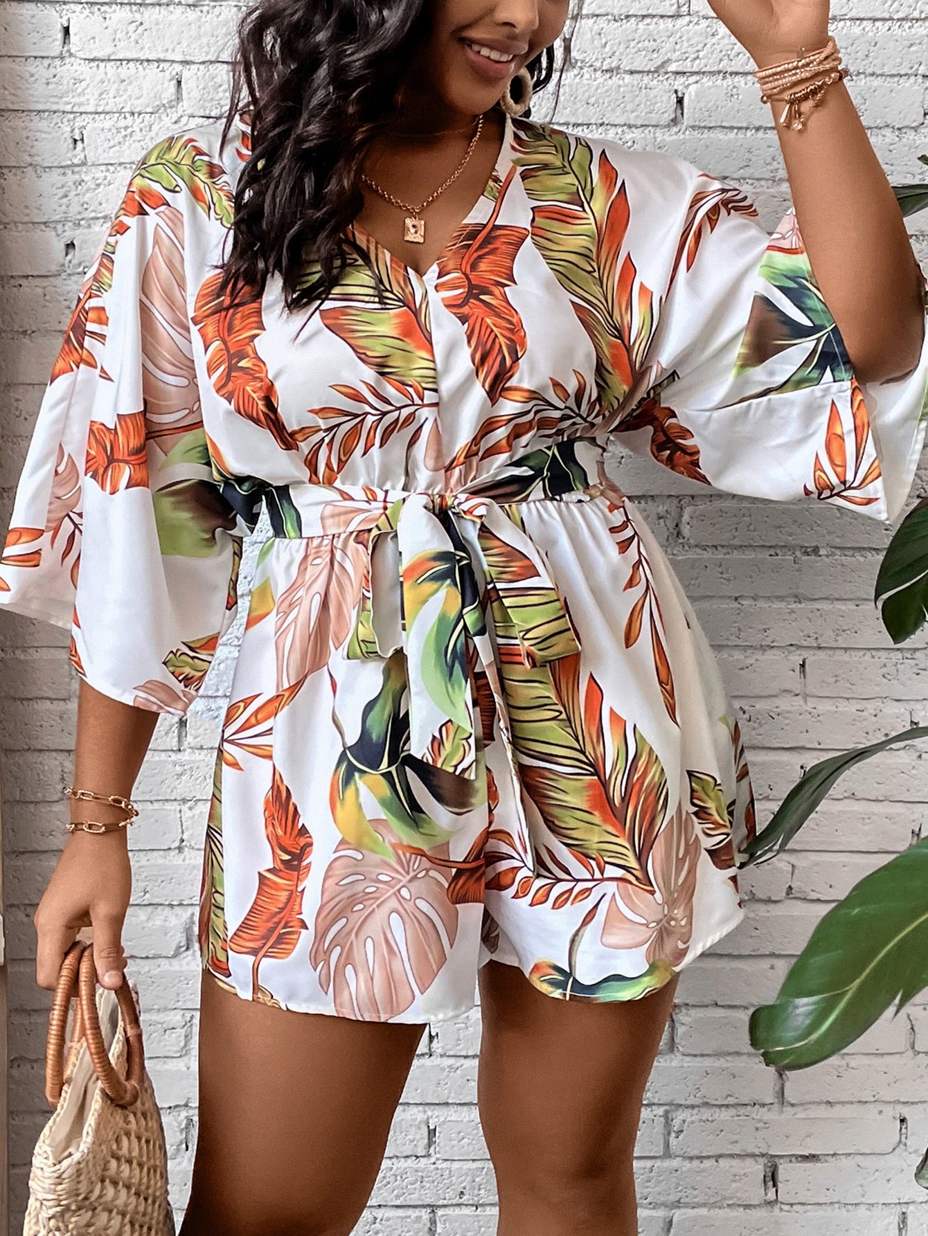 Plus Tropical Print Batwing Sleeve Belted Romper