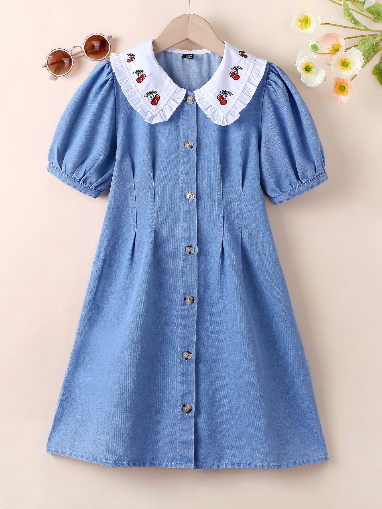 Tween Girl Cherry Embroidery Peter Pan Collar Puff Sleeve Fold Pleated Detail Denim Dress