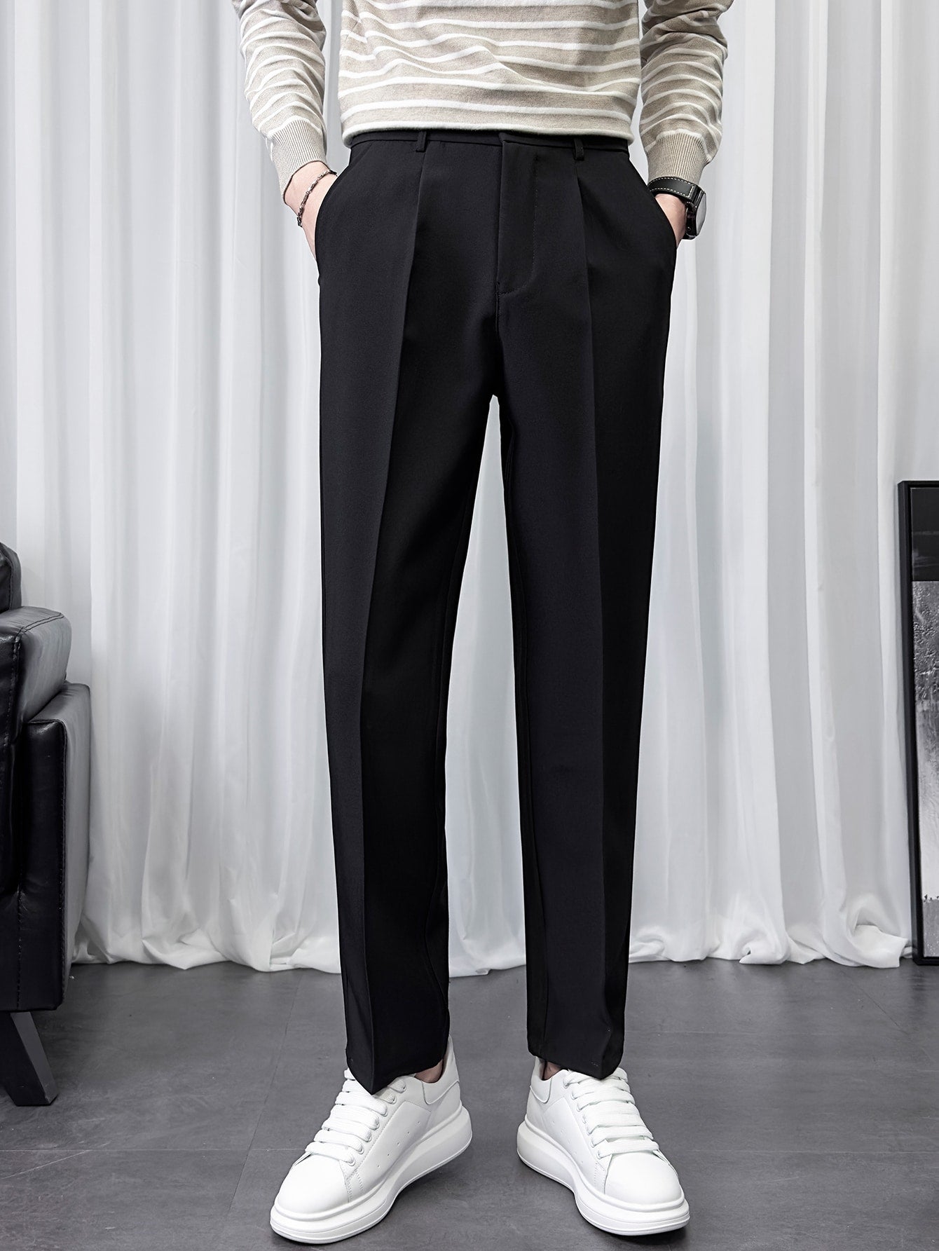 Men Slant Pocket Solid Suit Pants