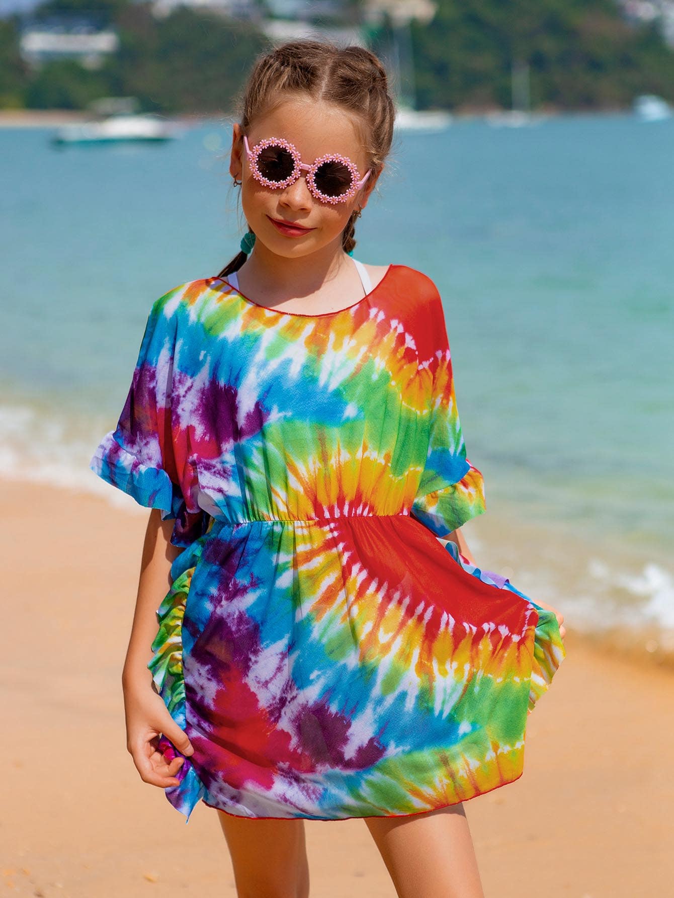 Tween Girl Tie Dye Ruffle Trim Cover Up