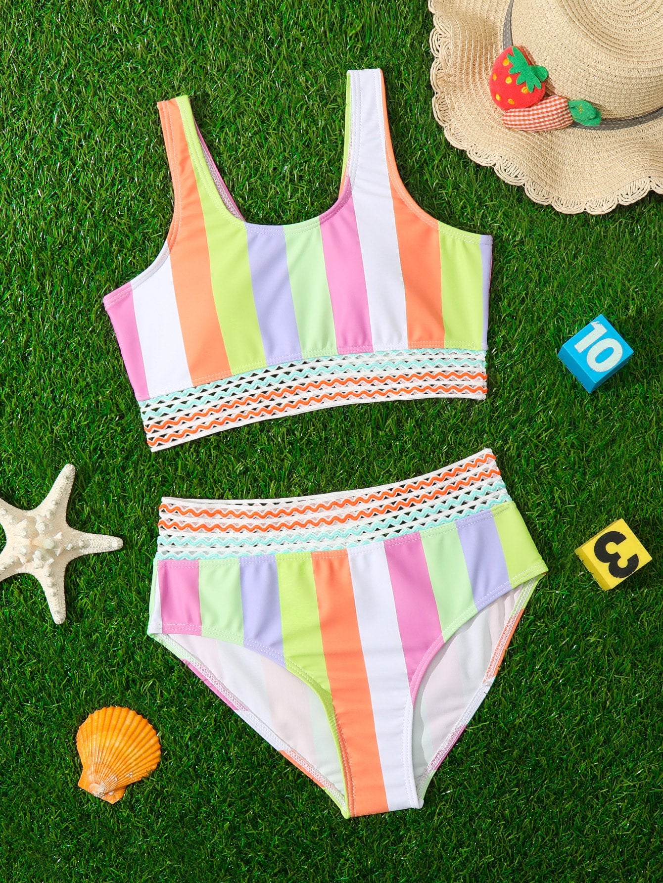 Tween Girl Colorblock Tape Detail Bikini Set Summer Beach