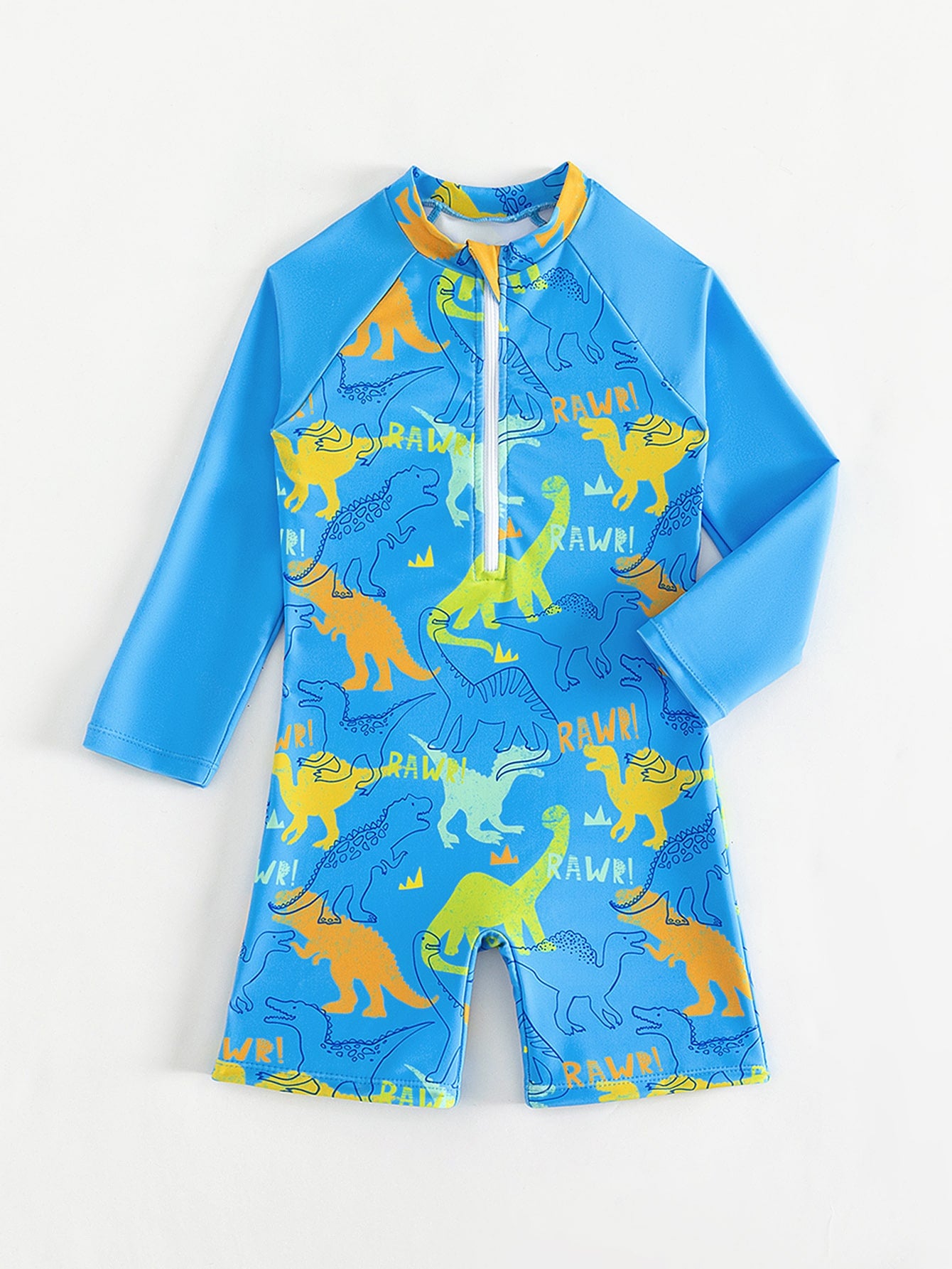 Young Boy Allover Dinosaur Print Zipper Front One Piece Swimsuit