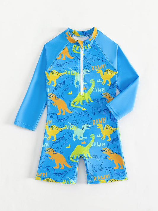 Young Boy Dinosaur Print Zipper Front One Piece Swimsuit