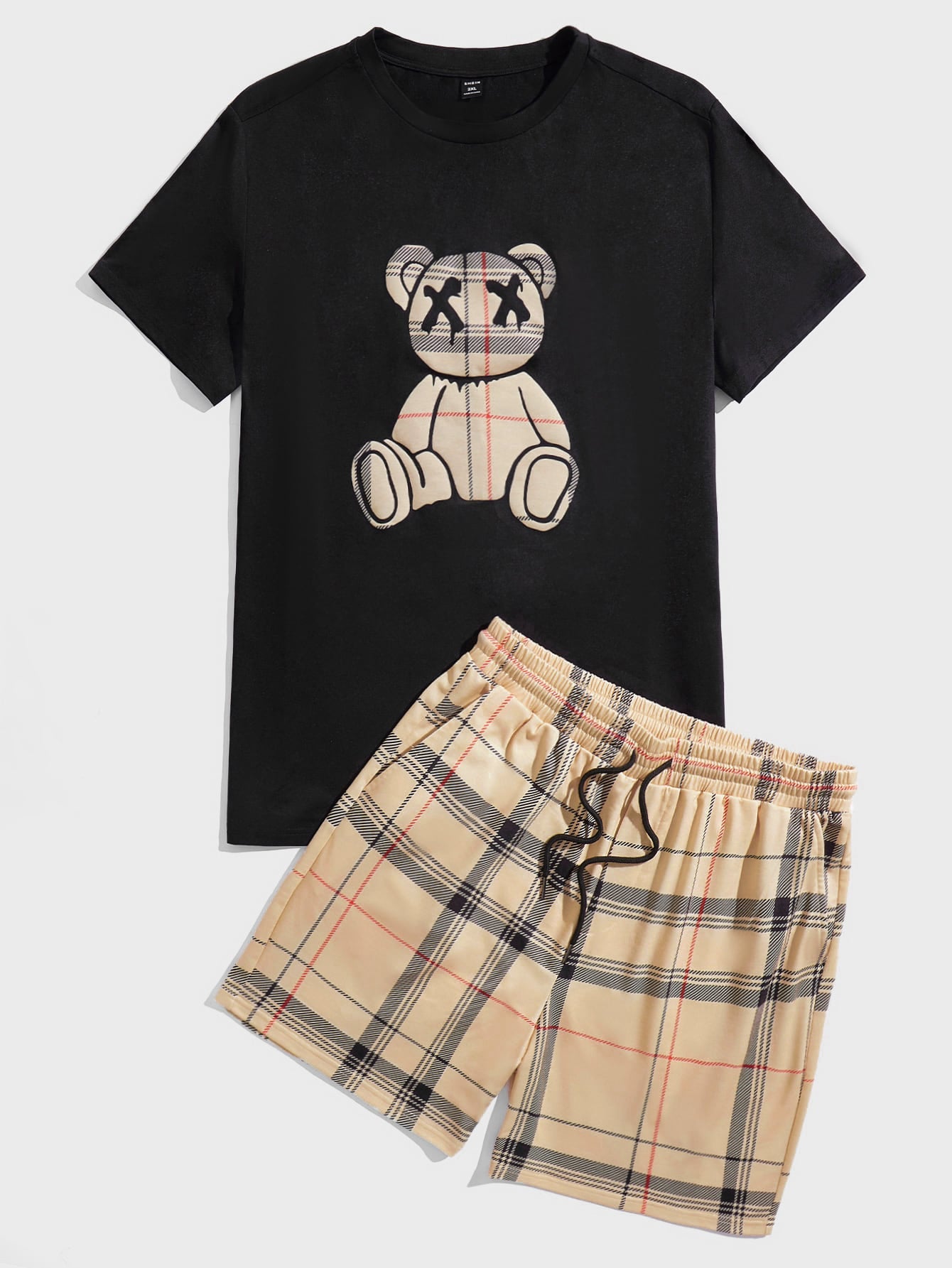 Men Plus Bear Print Tee & Plaid Drawstring Waist Shorts