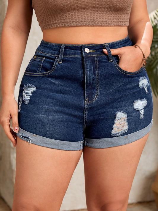 Frenchy Plus Ripped Roll Up Hem Denim Shorts