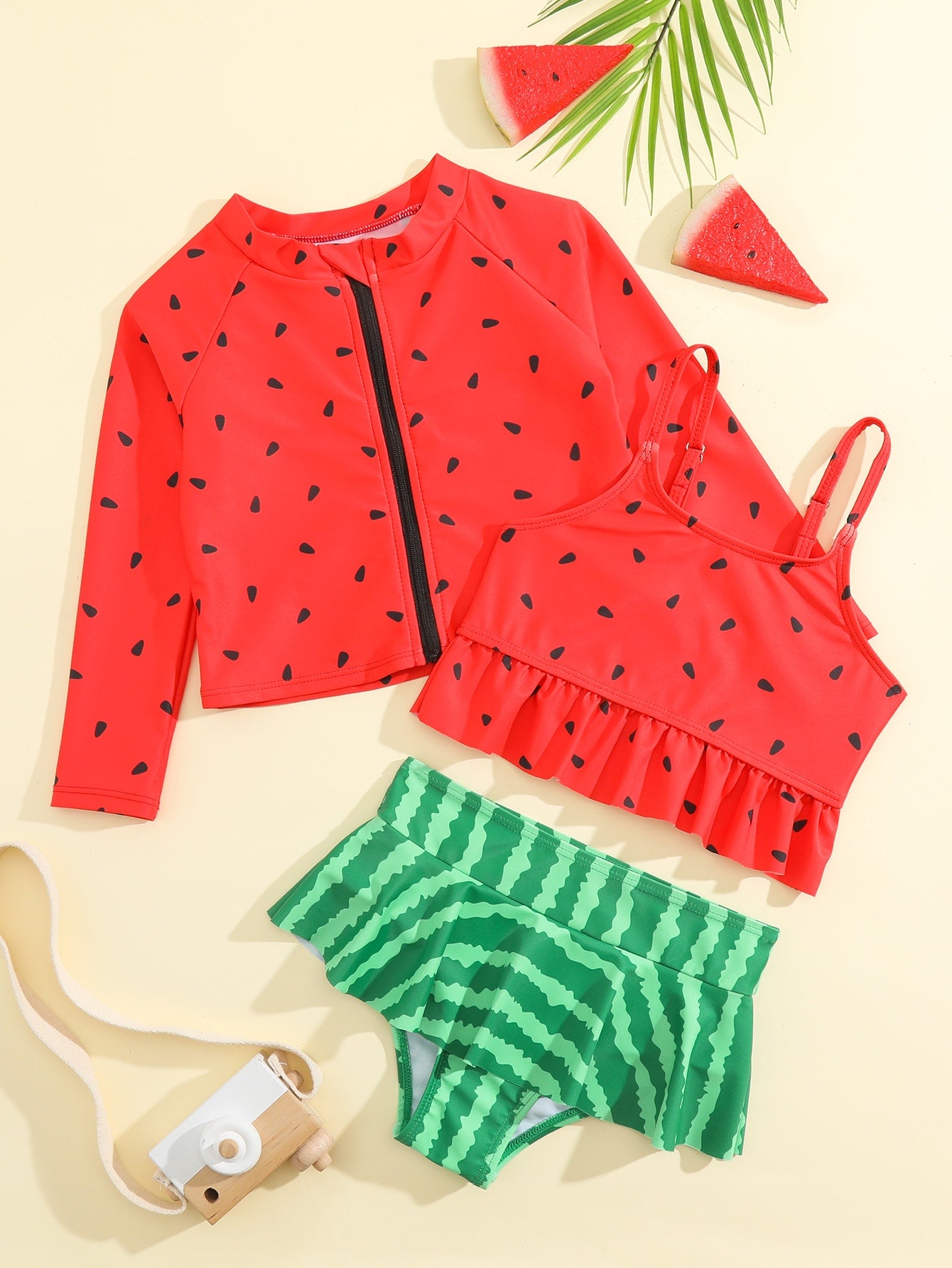 Young Girl Watermelon Print Ruffle Hem Bikini Set With Zipper Up Top Summer Beach