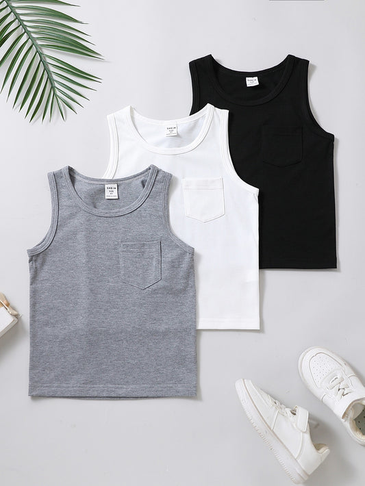 Young Boy Solid Color Sleeveless Vest & Basic Round Neck 3-piece Set For Casual Summer Look