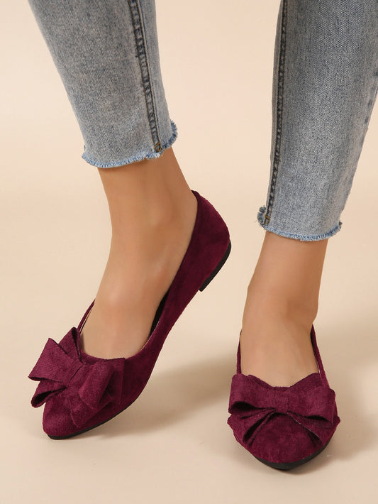 Women Bow Decor Point Toe Flats, Fashion Burgundy Ballet Flats