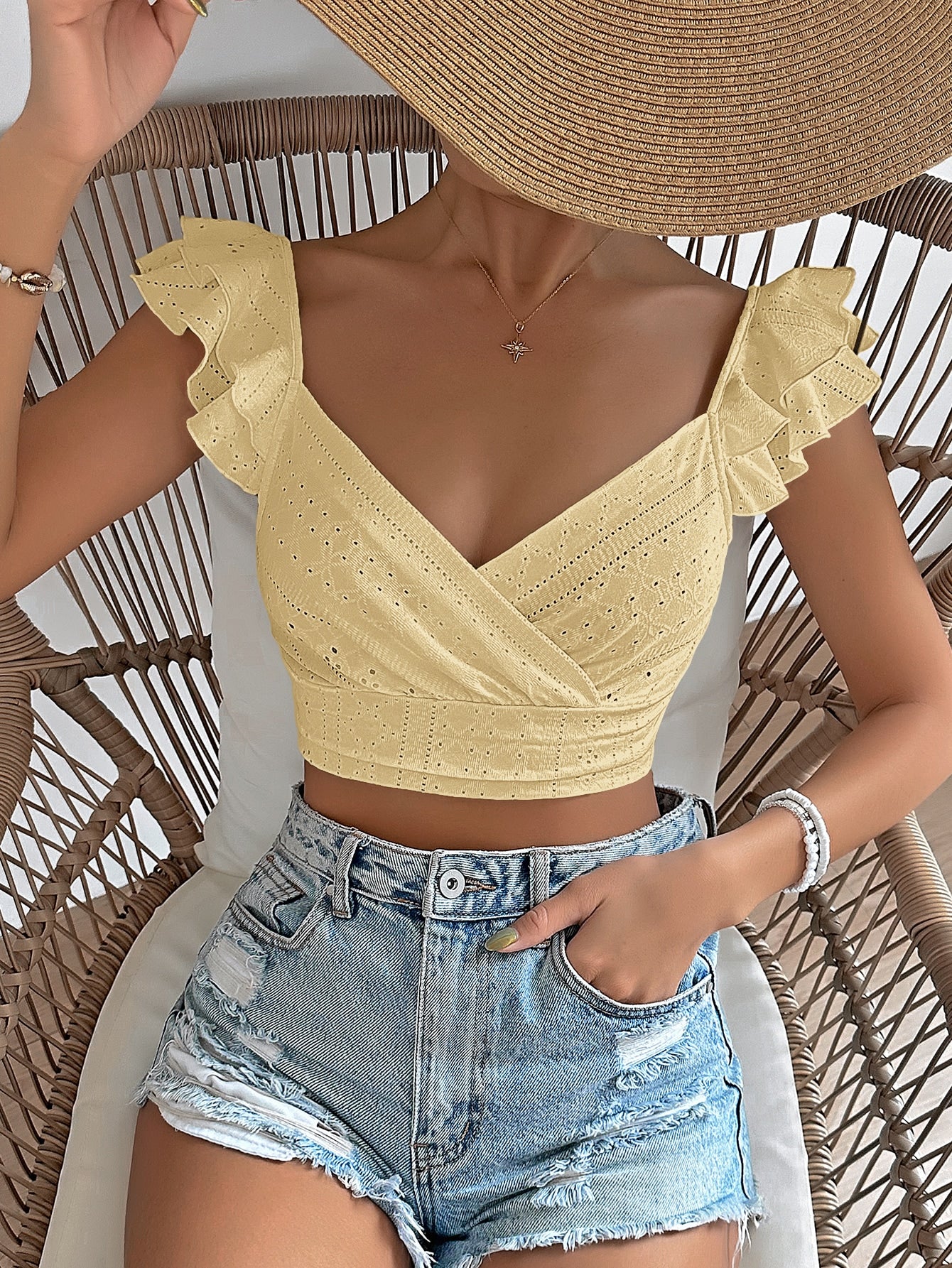 Sping Eyelet Embroidery Ruffle Trim Sweetheart Neck Crop White Top