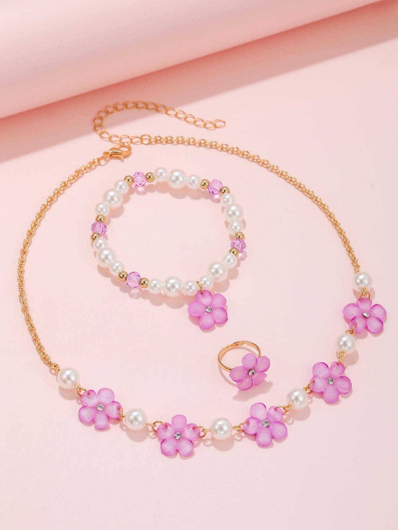 3pcs/set Girls Flower & Faux Pearl Decor Jewelry Set