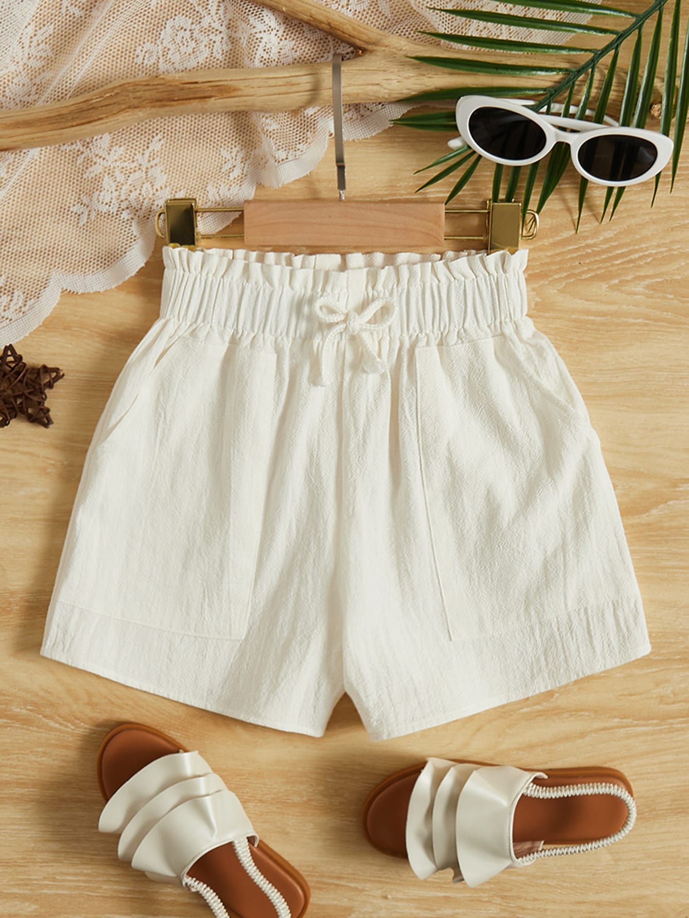 Tween Girls' Casual Solid Color Shorts With Ruffle Edge, Elastic Waist, Bowknot Belt And Real Pockets For Summer