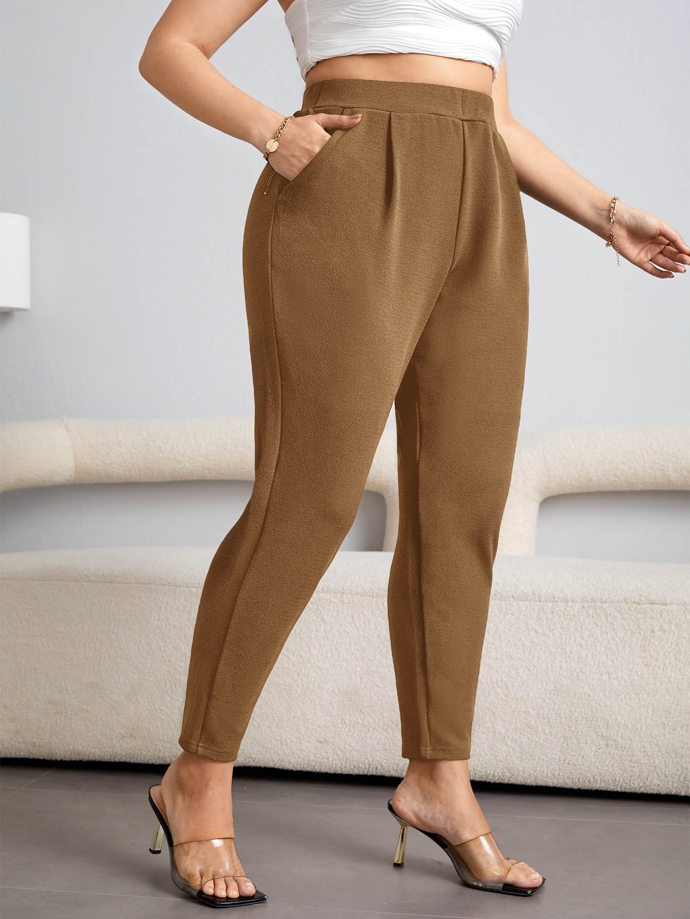 Plus High Waist Plicated Detail Tapered Pants