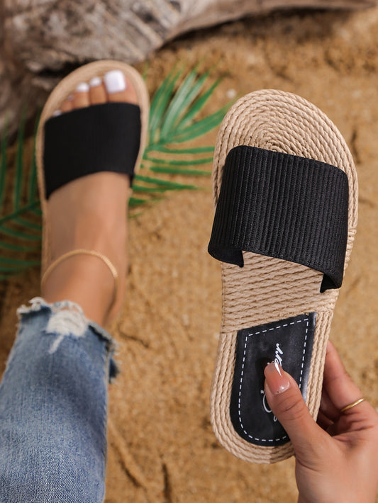 Women Minimalist Single Band Slides, Vacation Black Slides