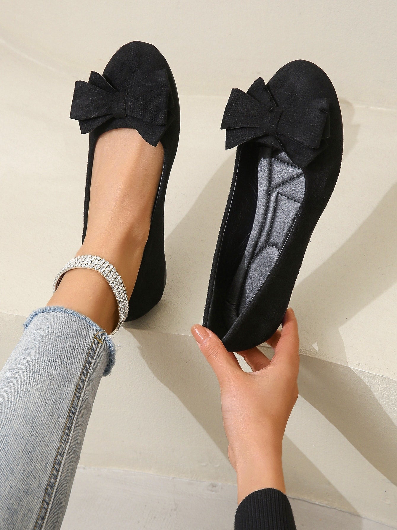 Women Black Bow Decor Flats, Preppy Round Toe Ballet Flats