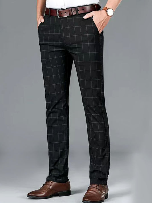 Men Plaid Slant Pocket Suit Pants Without Belt Dress Pants