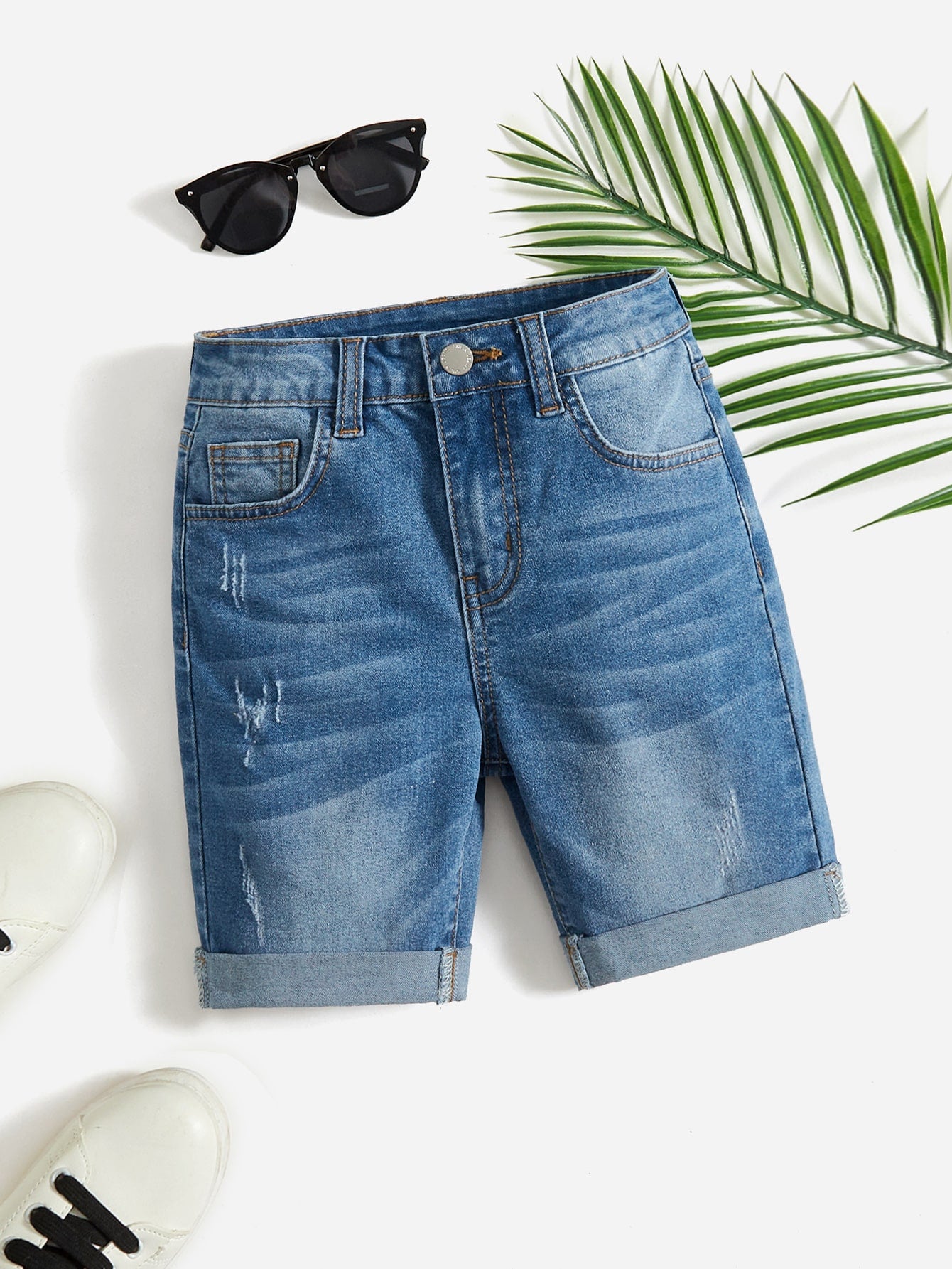 Tween Boy Summer Casual Cat Whisker Detail Rolled Hem Denim Shorts