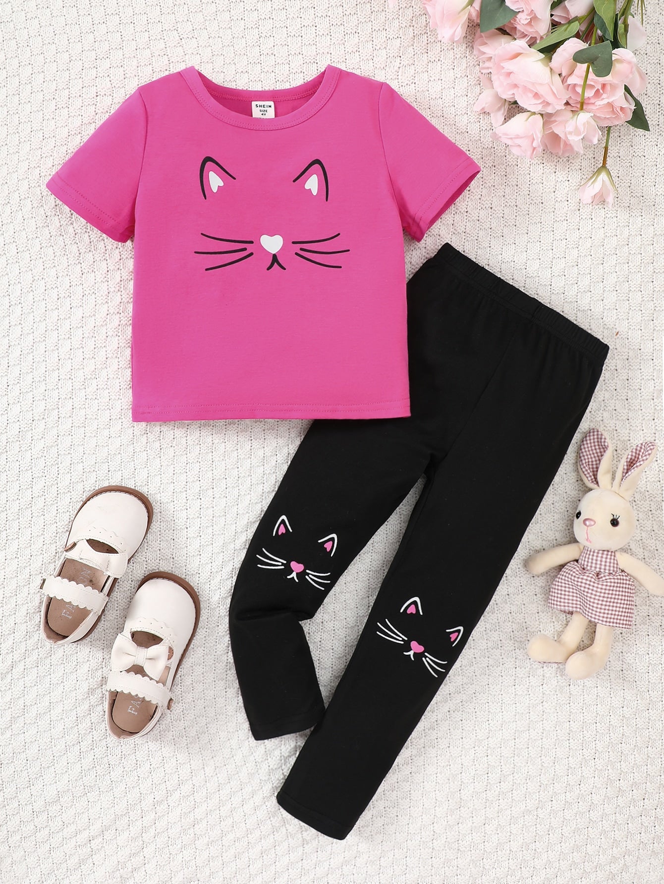 2pcs/Set Girls' Cat Print Crew Neck Short Sleeve Cotton T-Shirt And Black Cat Print Casual Pants, Comfortable & Fashionable Spring Summer Outfit