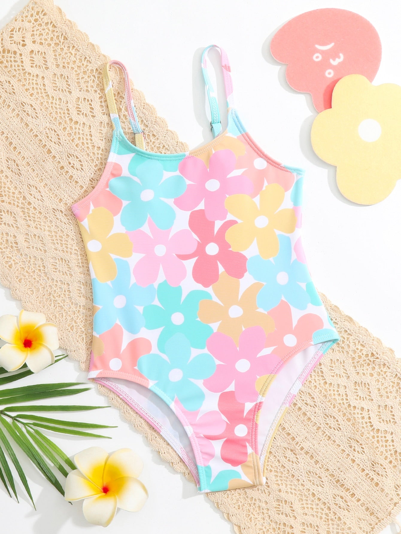 Young Girl Toddle One Piece Swimsuit With Cute Flower Design, Random Print, Adjustable Straps For Summer