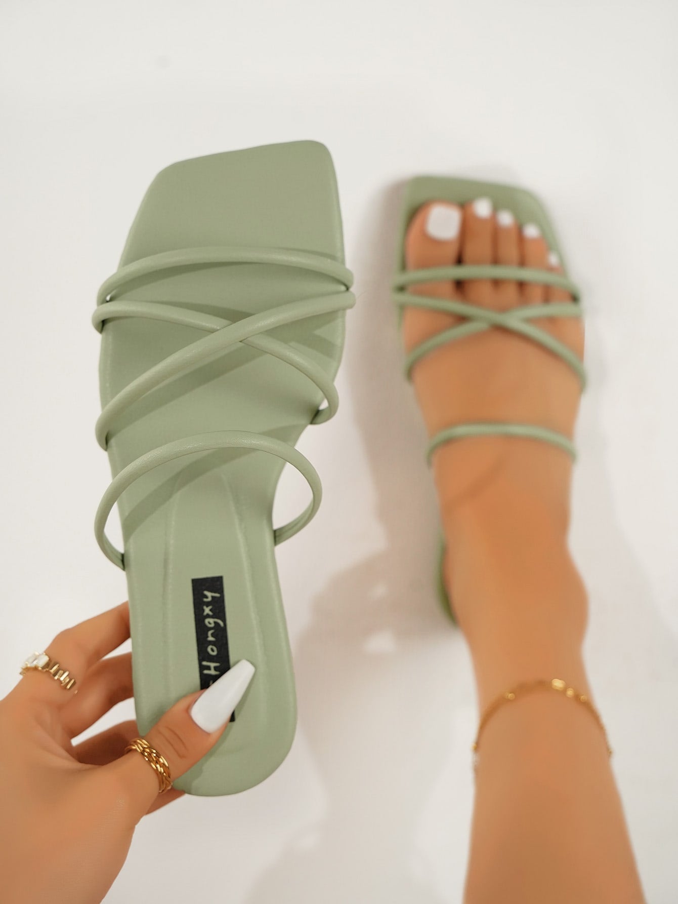 Women Criss Cross Slide Sandals, Fashionable Green Flat Sandals