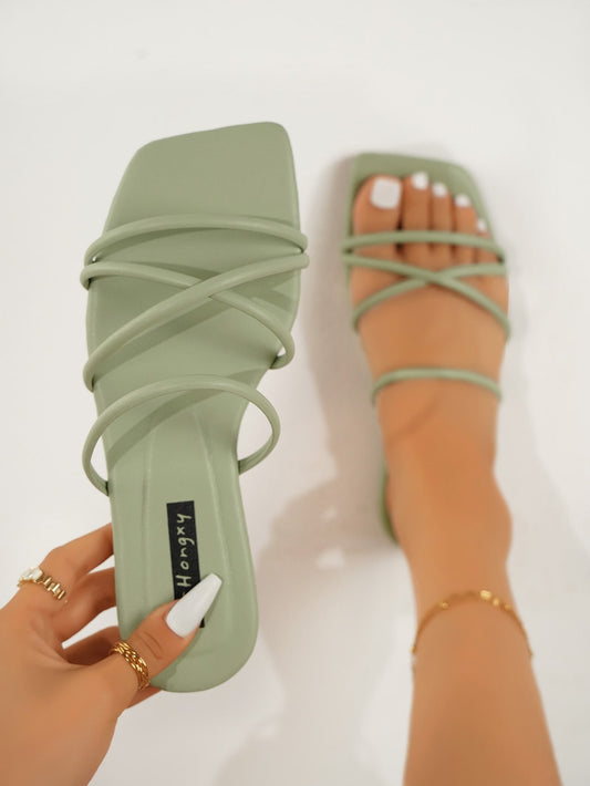 Women Open Toe Criss Cross Thin Strap Flat Sandals, Fashionable Solid Outdoor Slide Sandals