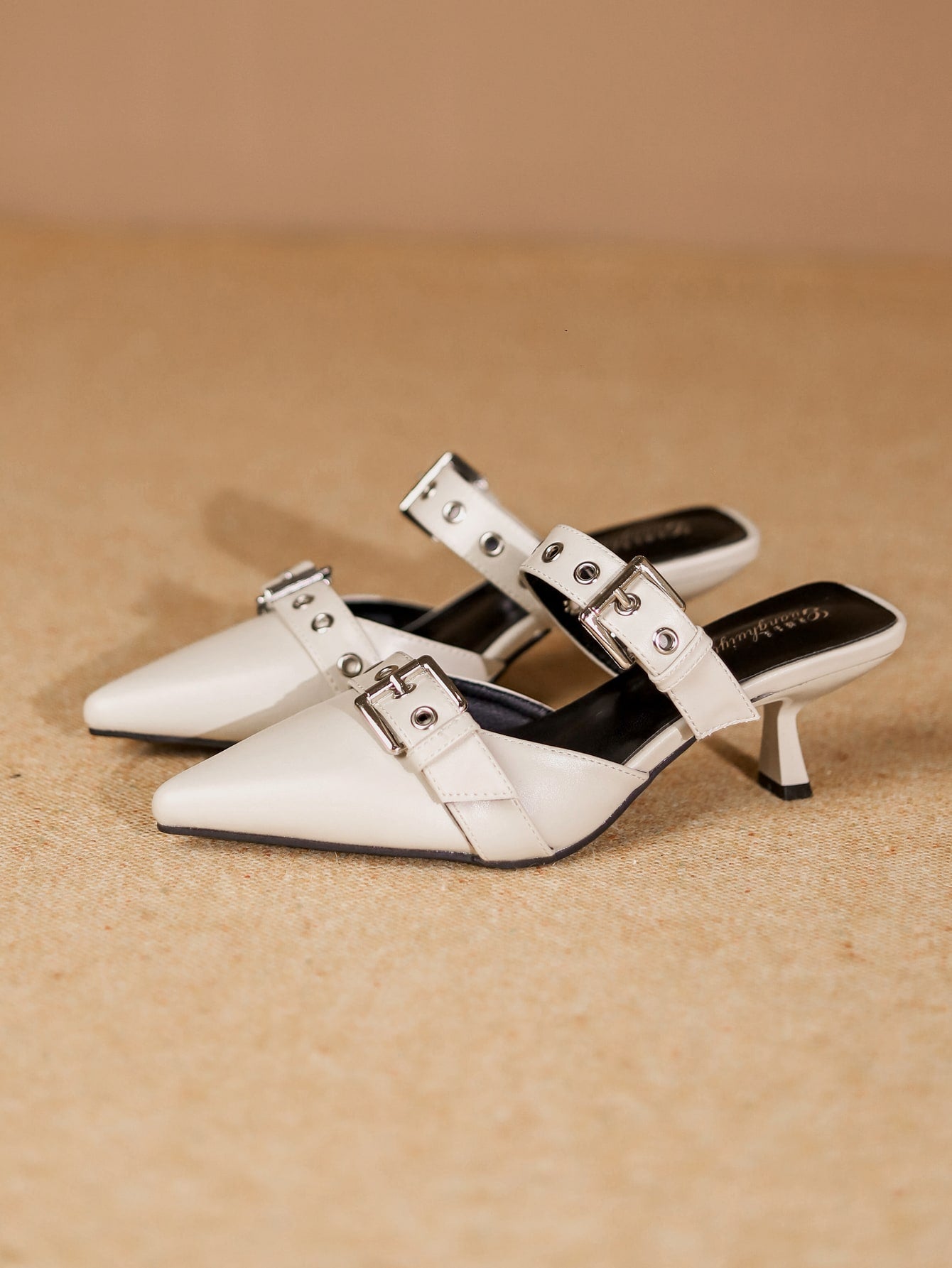 Silver High Heel Pointed Toe Mule Slide Shoes With Double Buckle Design For Women