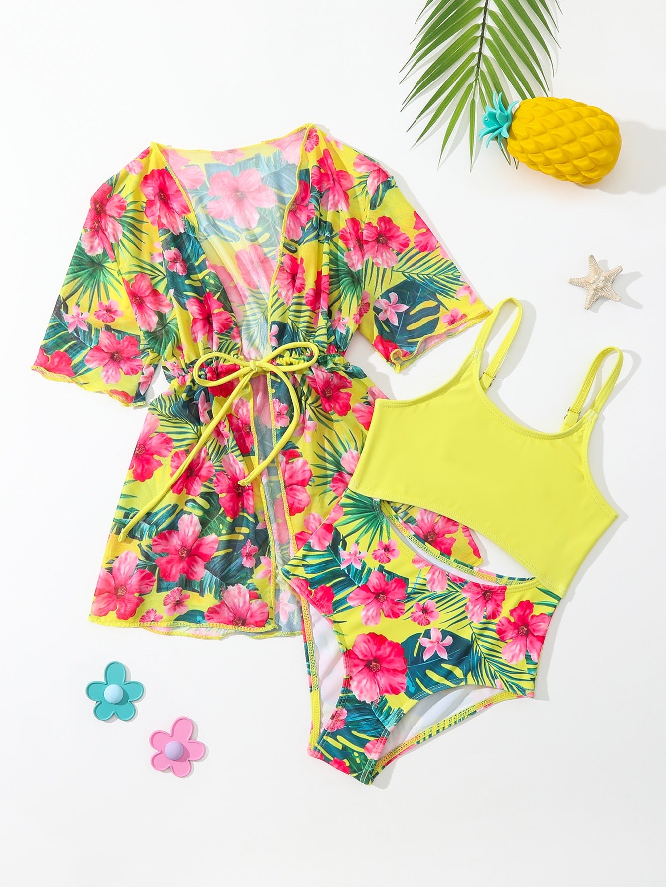 Young Girl Tropical Print Cut Out One Piece Swimsuit With Kimono