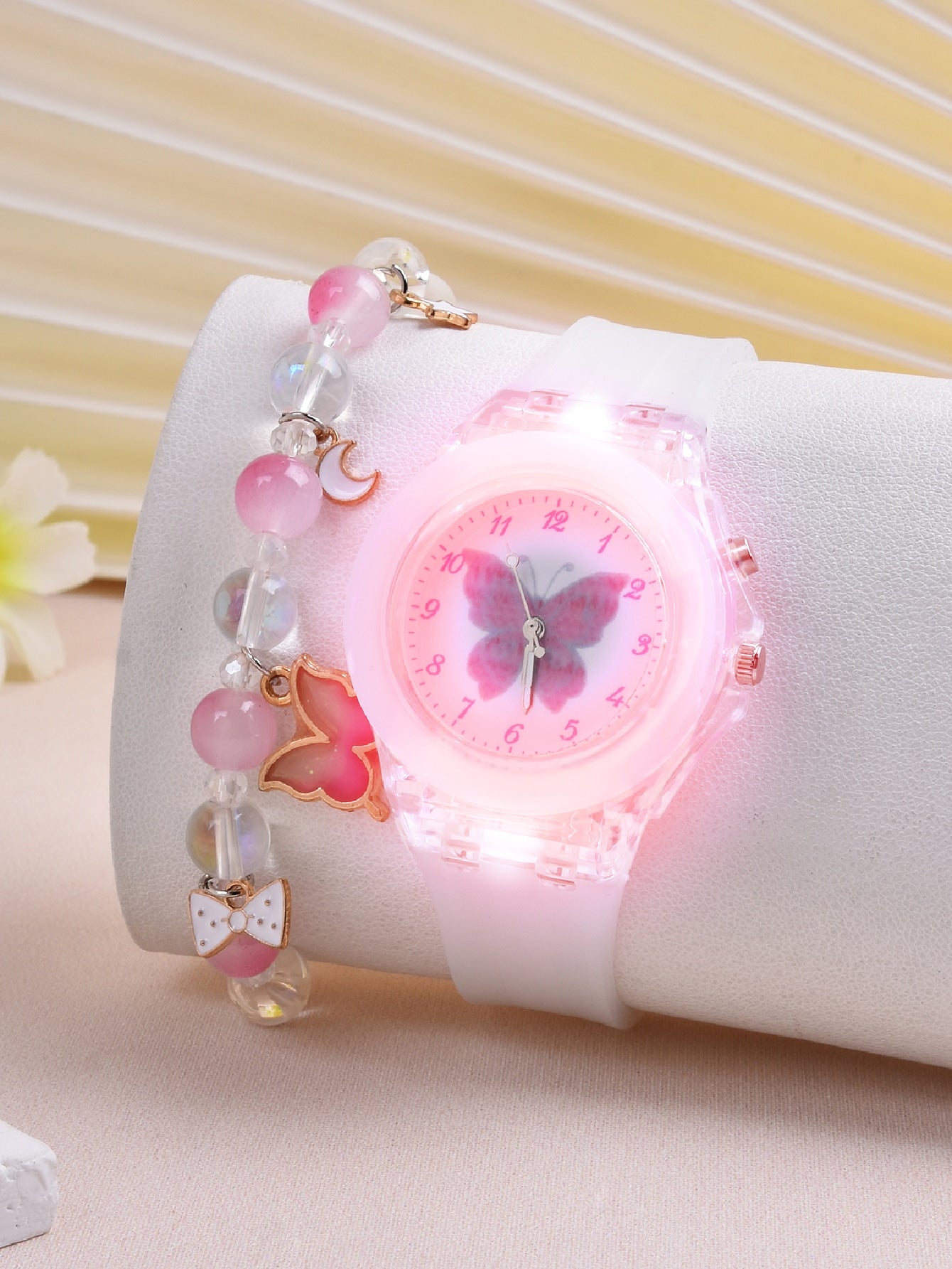 1pc Girls Butterfly Pattern Silicone Strap Cute Luminous Round Dial Quartz Watch & 1pc Beaded Bracelet, For Daily Life