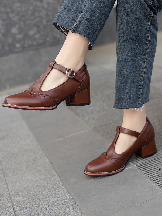 Elegant Brown Mary Jane Shoes For Women, Scallop Trim Chunky Heeled Pumps