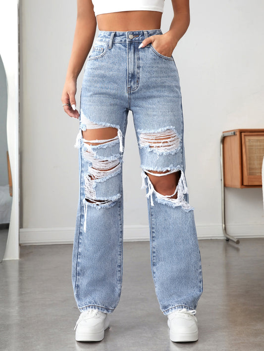 Zipper Fly Ripped Straight Leg Jeans