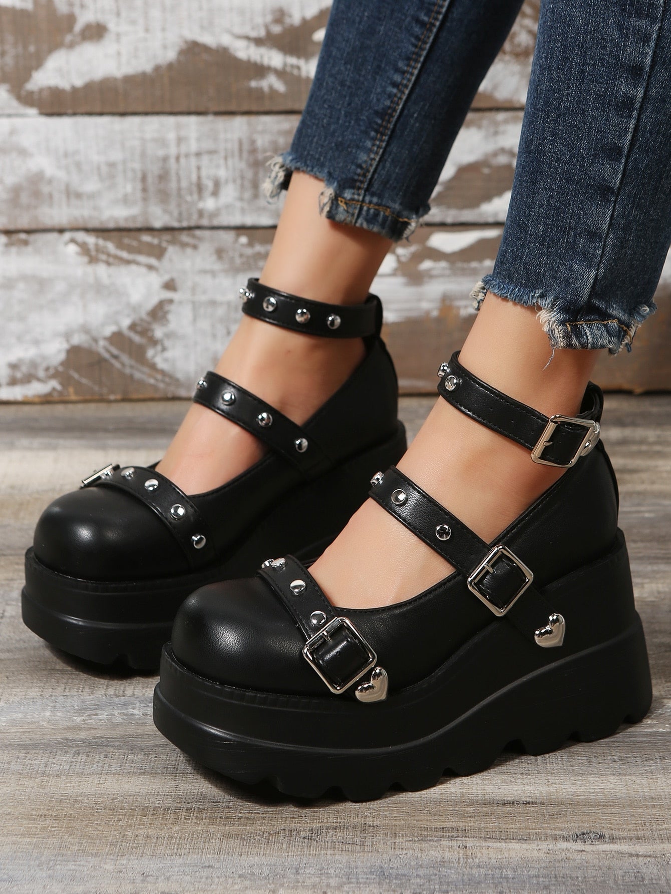 Women Studded Decor Mary Janes, Punk Wedge Shoes Black