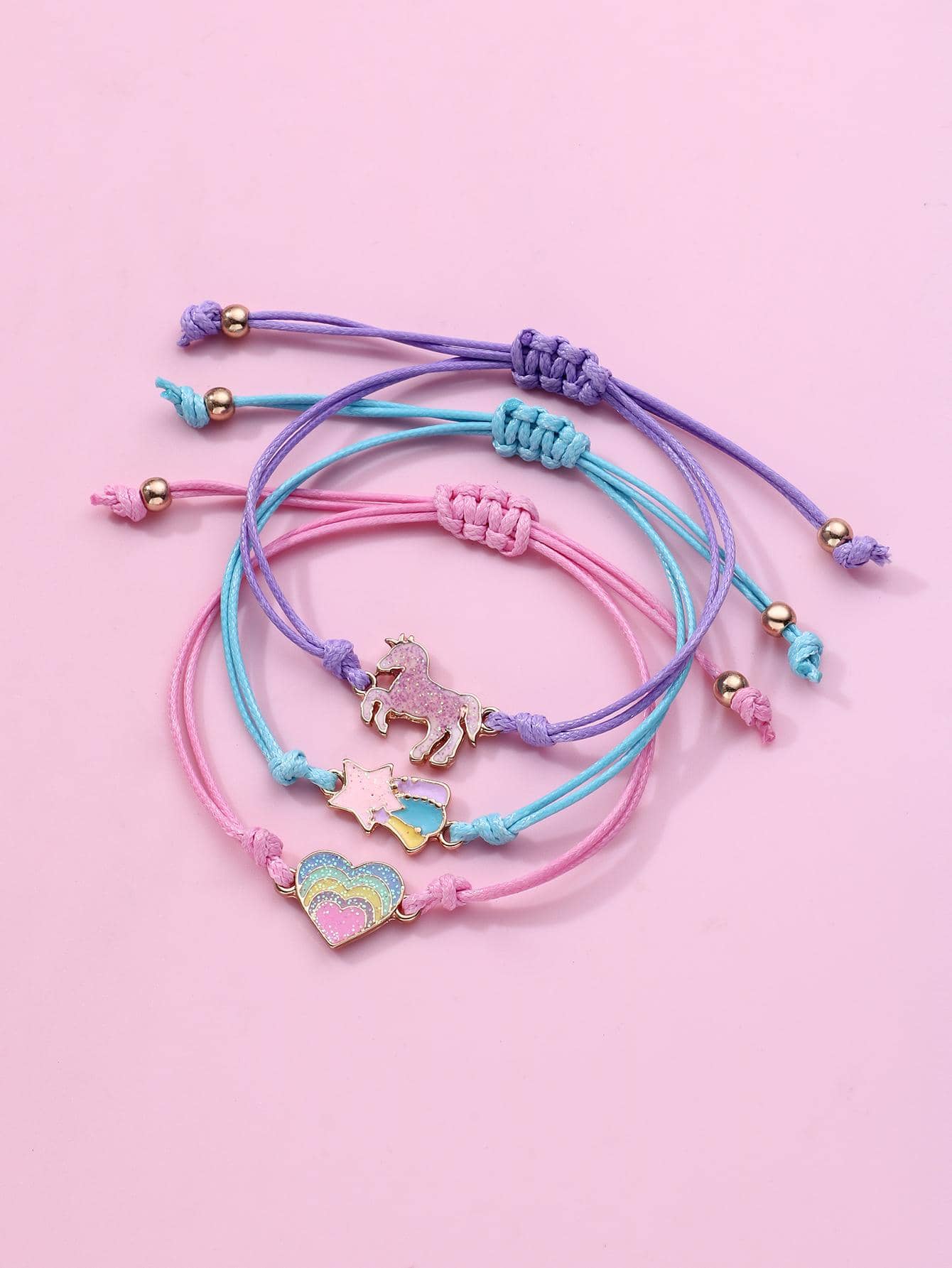 3pcs/Set Colorful Bracelets Cute Cartoon Horse Pentagram Heart Shape Handwear Decorative Alloy Hand Accessories For Girls