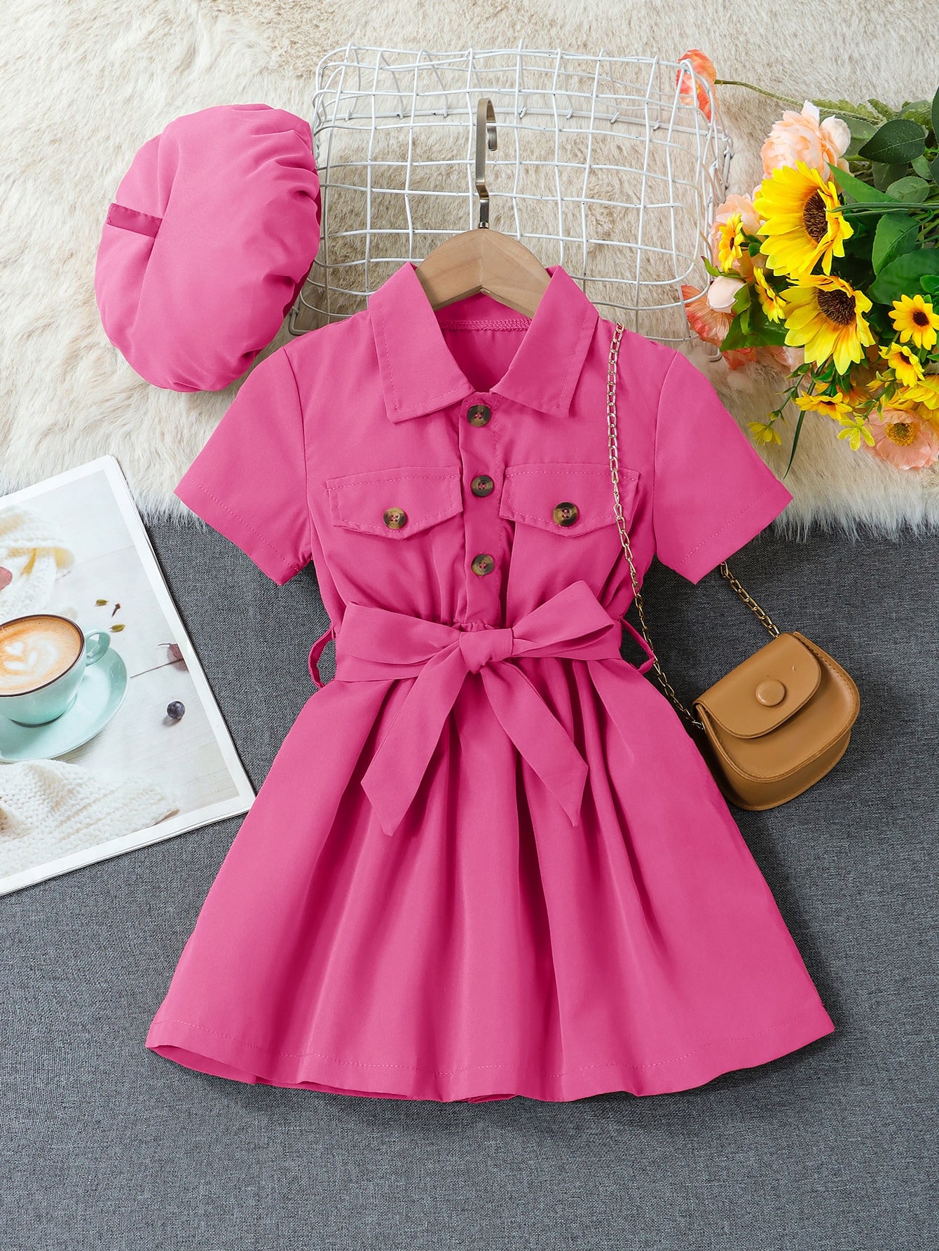 Young Girl Flap Detail Belted Shirt Dress & Accessory Hat Without Bag