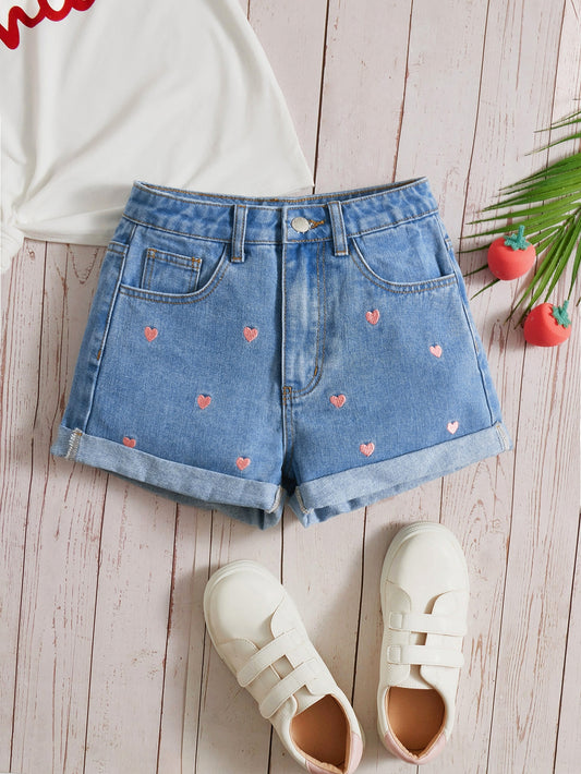 Teen Girls Heart Embroidery Roll Hem Denim Shorts