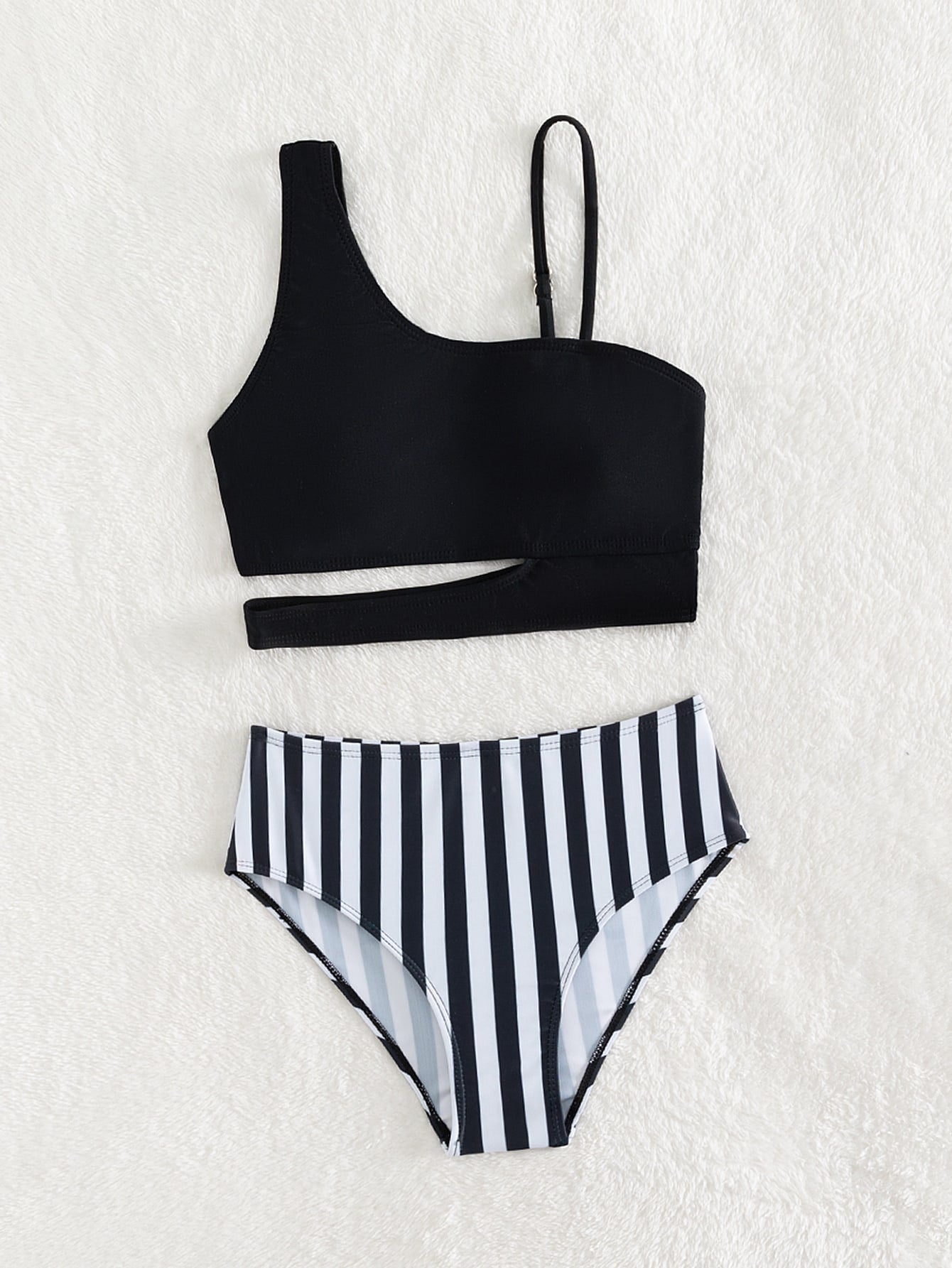 Tween Girl Striped Cut Out Asymmetrical Neck Cut Out Bikini Set Summer Beach