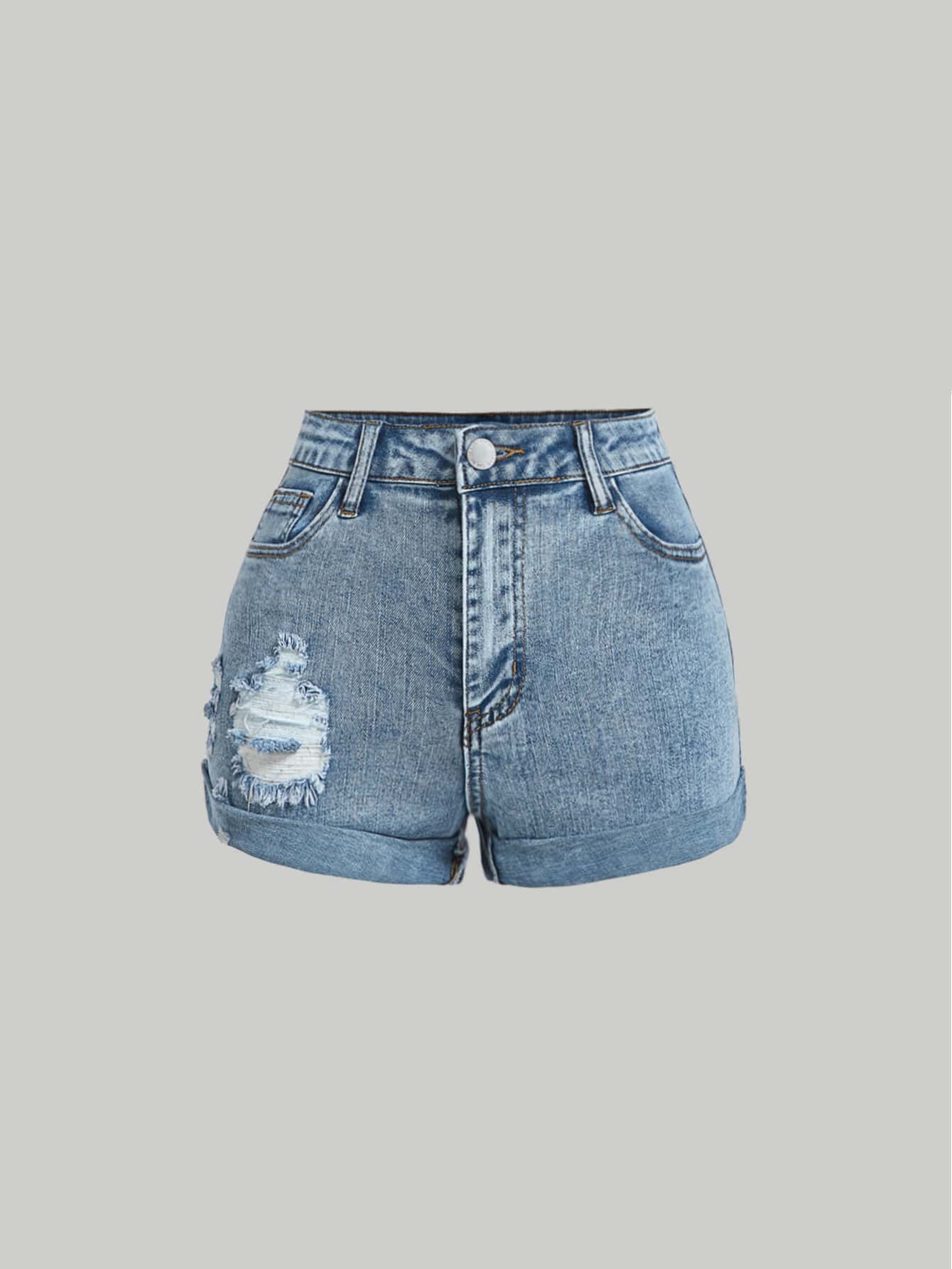 Teen Girl Casual Denim Shorts With Rolled Hem And Pocket Distressed Detailing