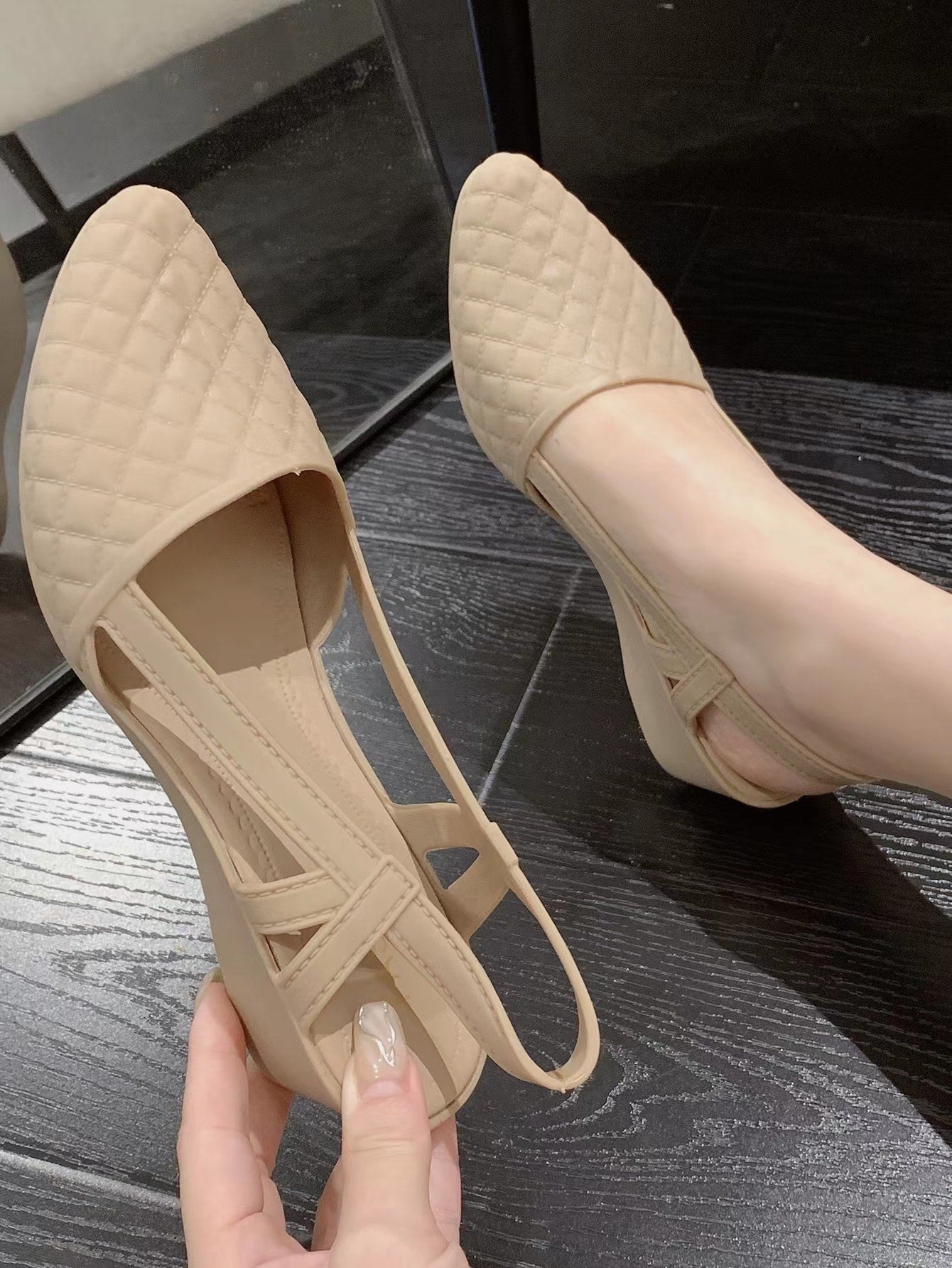 Women Beige Quilted Point Toe Slingbacks Court Wedges, Elegant Square Toe Low Heel Flatform Shoes