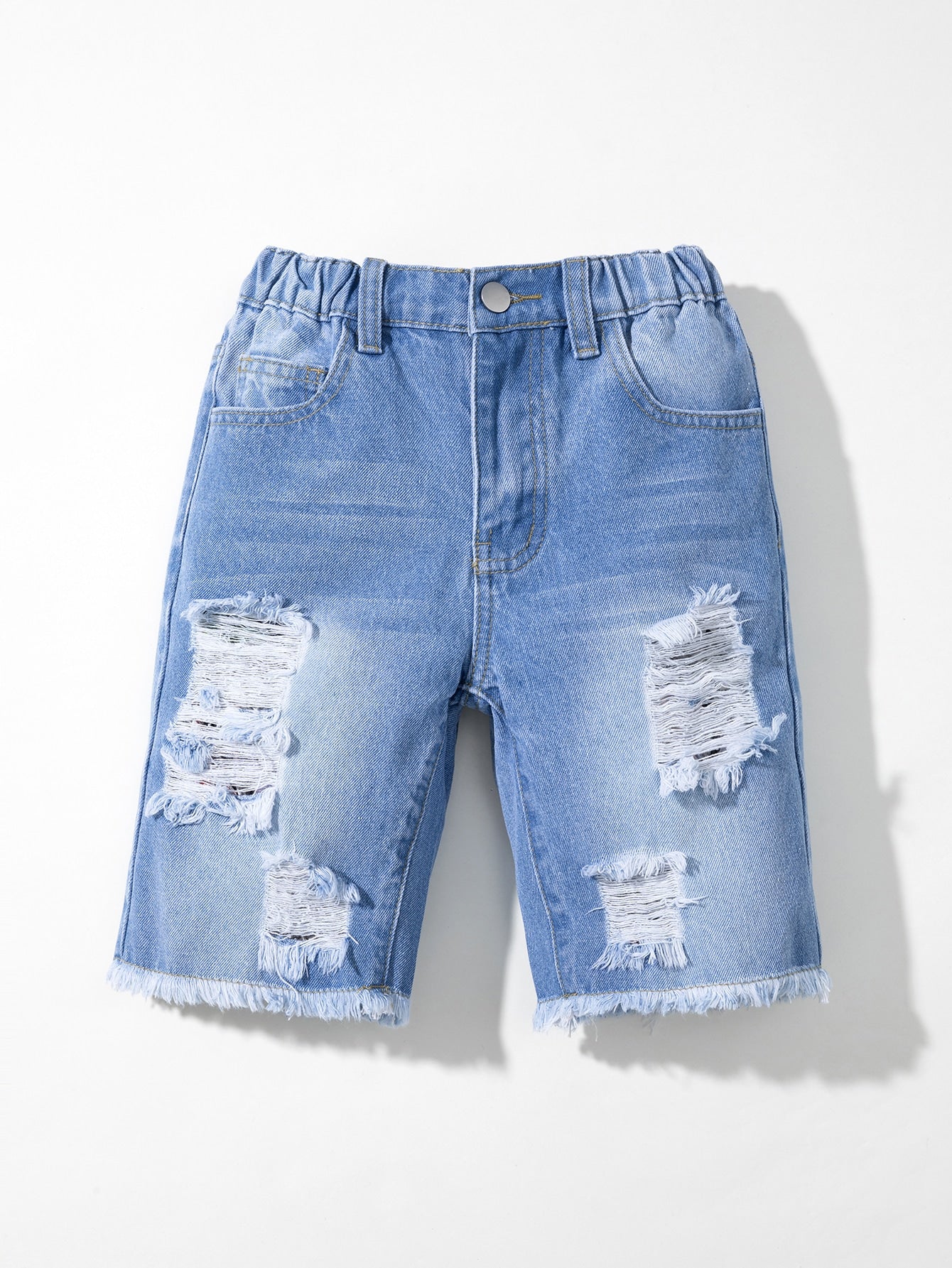 Tween Boy Simple Daily Boho Street Casual  Cat Whisker Destroy Raw Hem Elastic Waist  Denim Shorts