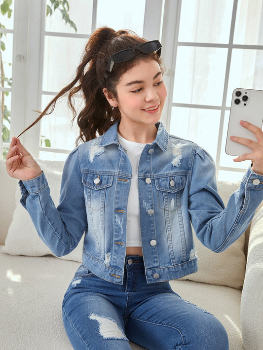 Teen Girls Ripped Flap Pocket Denim Jacket