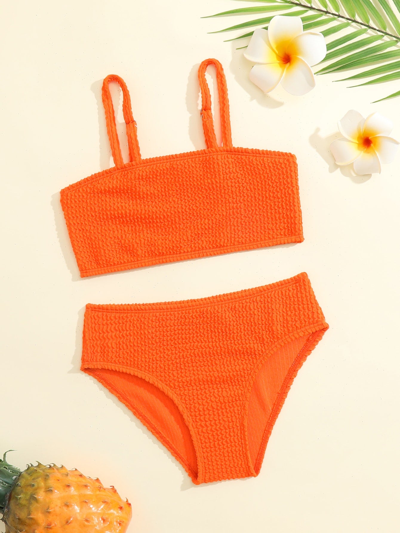 Young Girl Shirred Neon Bikini Set Bathing Suit, Summer Beach