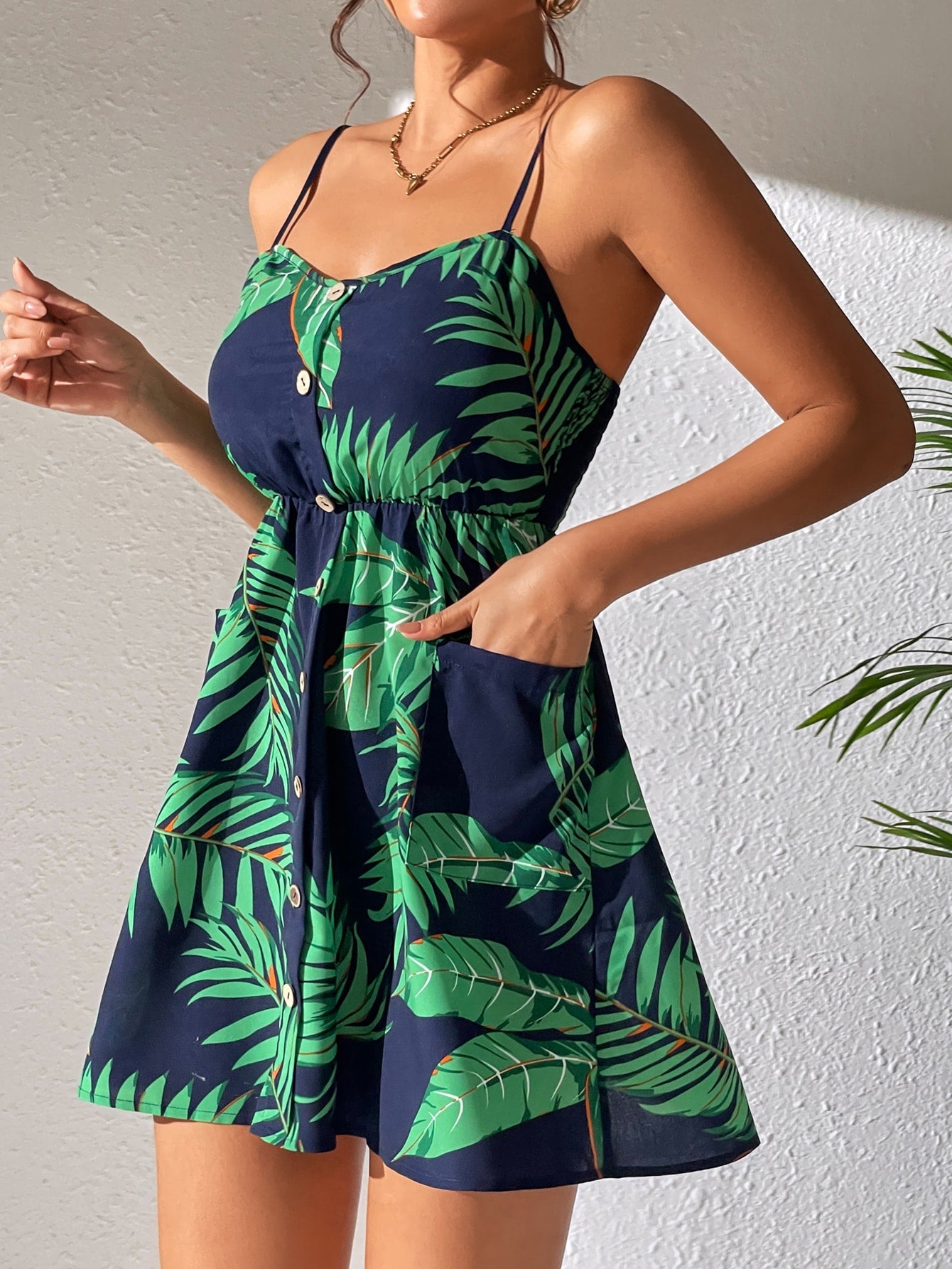 Tropical Print  Button Front Cami Dress