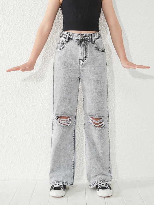 Tween Girl Ripped Straight Leg Jeans