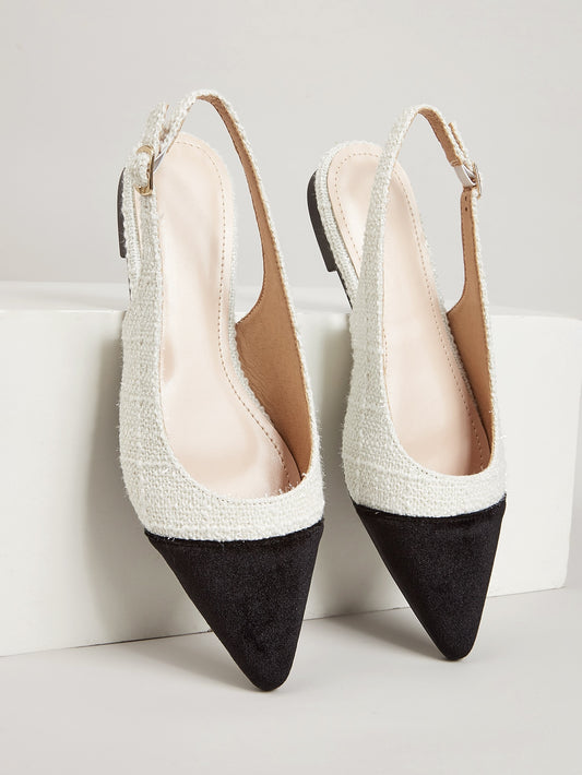 Women Two Tone Point Toe Flats, Elegant Tweed Slingback Flats